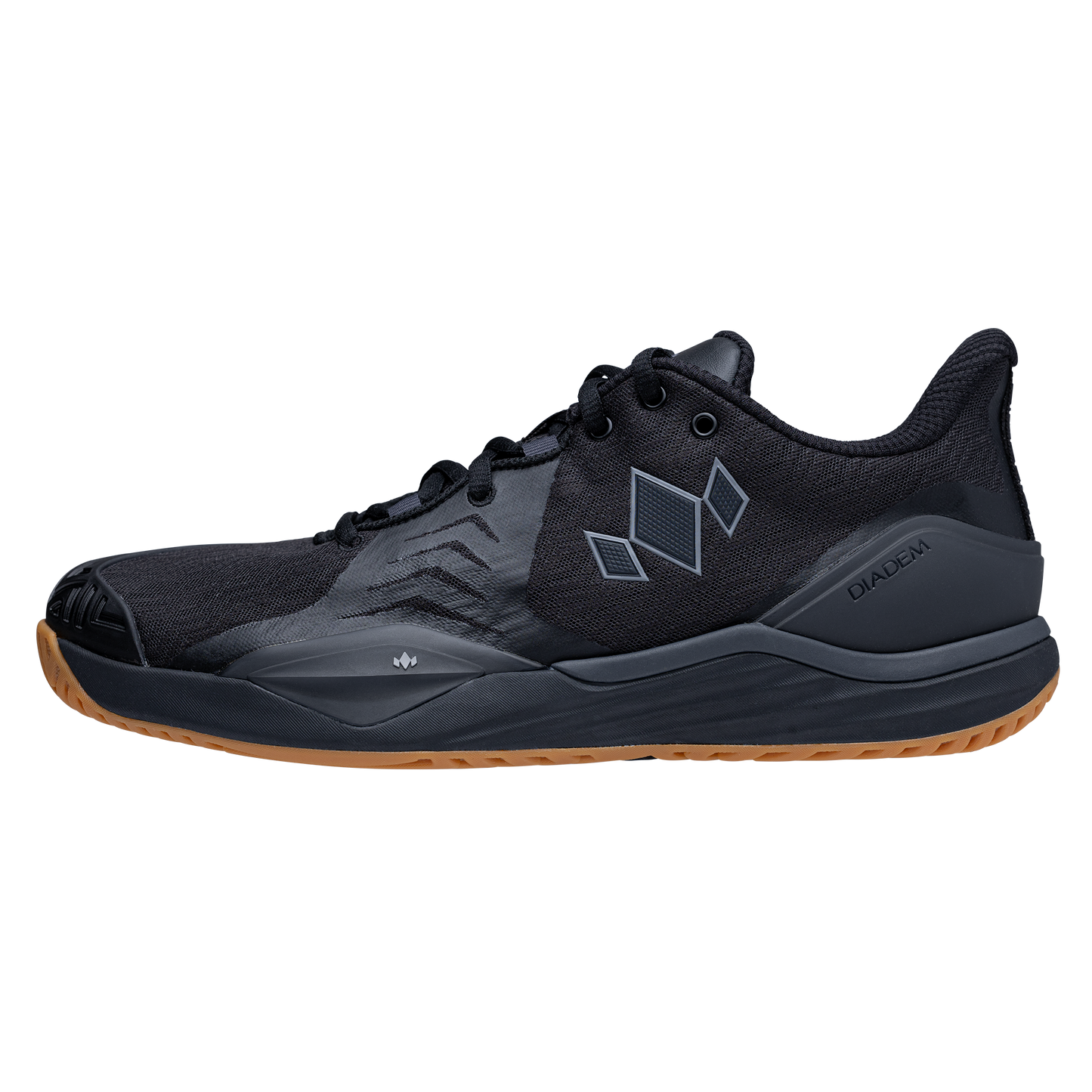 The Diadem Court Burst by Diadem Sports is a black athletic court shoe with a textured mesh upper, black laces, and a gray geometric side logo. Its thick dark gray sole and gum rubber outsole offer lightweight, supportive tennis or pickleball performance.