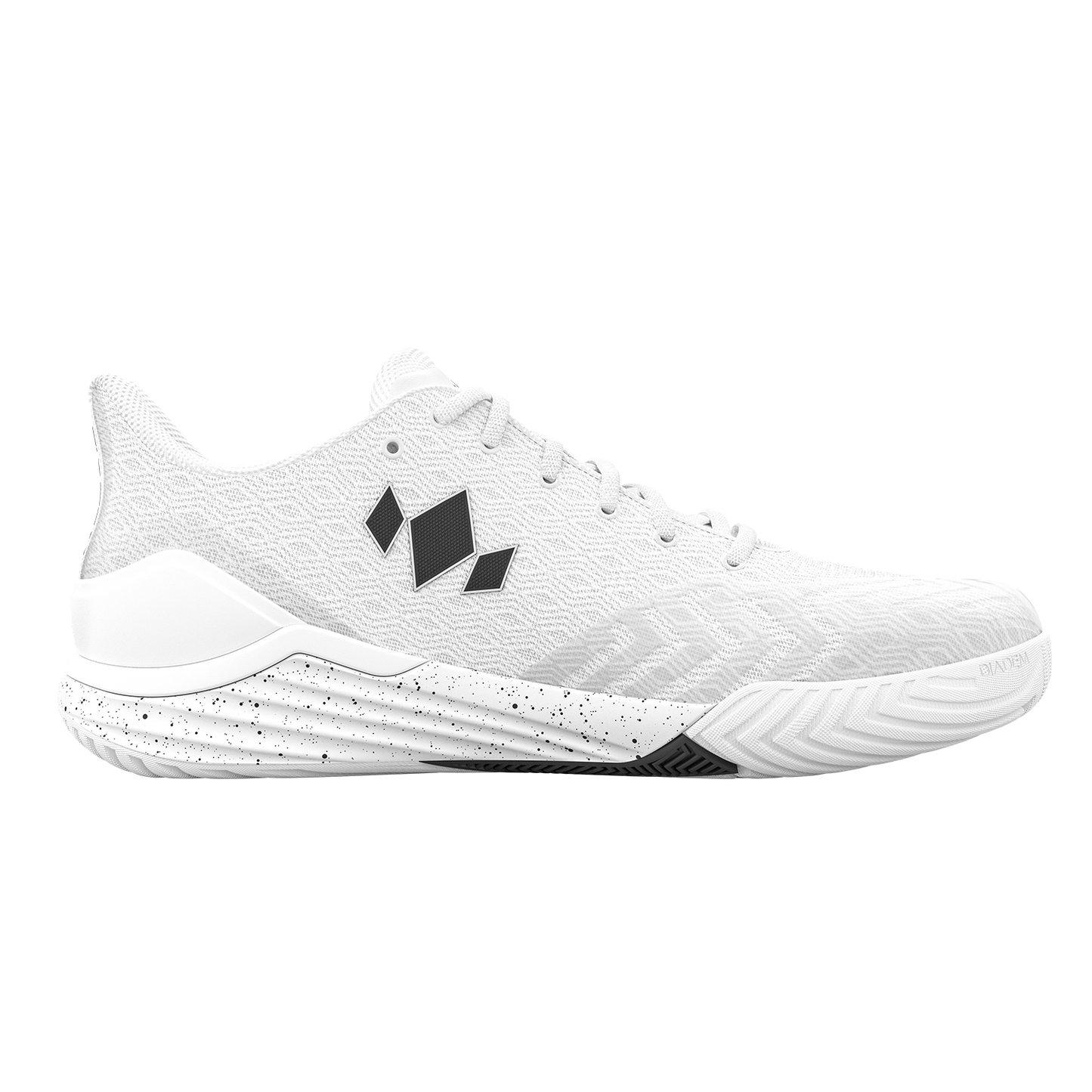 The Diadem Court Burst by Diadem Sports is a white court shoe with a black geometric logo, speckled sole, zigzag tread, reinforced heel and toe, and white laces. Designed for tennis or pickleball. Shown on a light gray background.