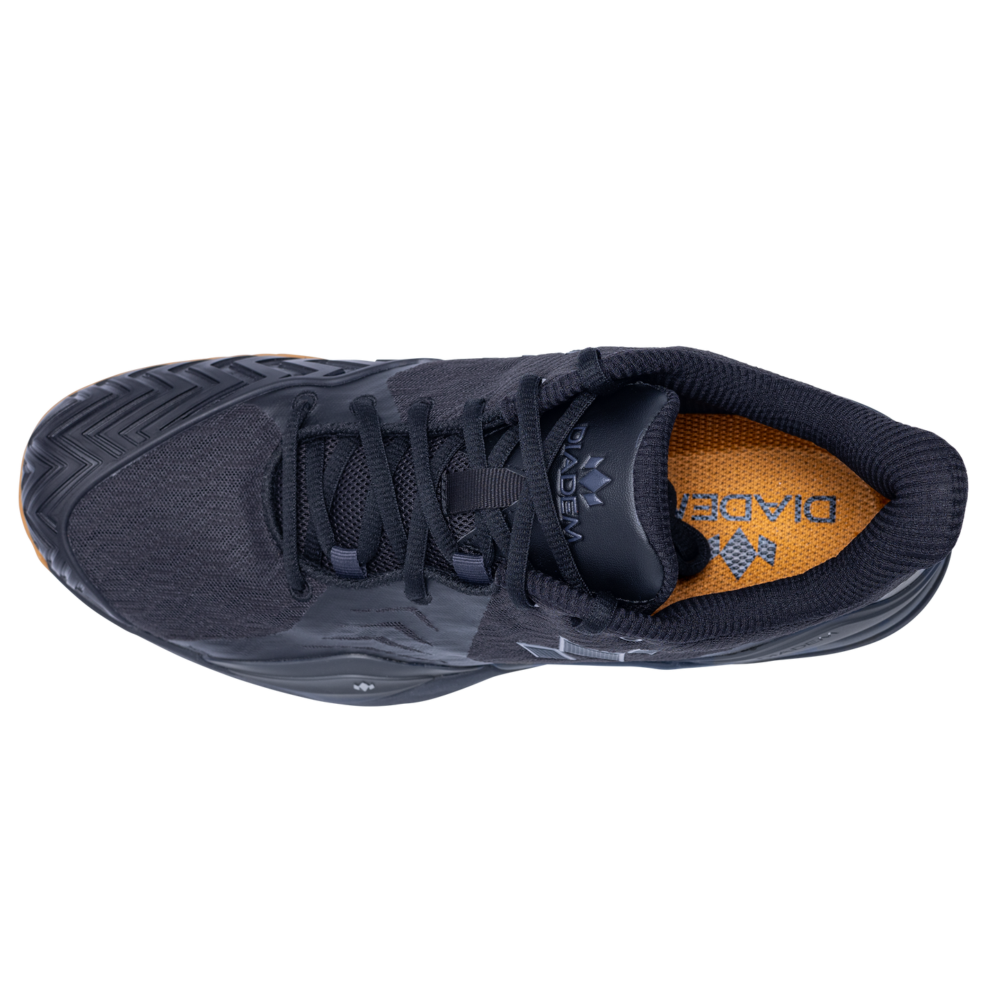 Top view of the Diadem Court Burst by Diadem Sports in dark gray with black laces, orange insole, textured sole, mesh-like toe, and cushioned collar. Ideal for tennis or pickleball with subtle diagonal and zigzag patterns on the sole.