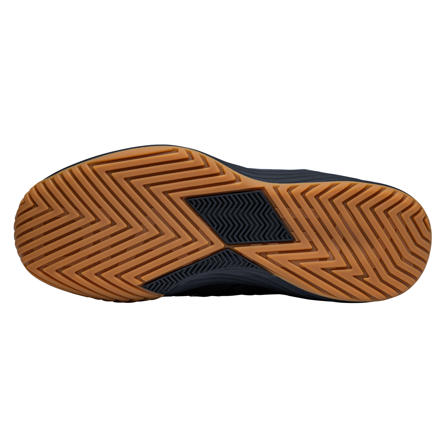 The image shows the sole of the Diadem Sports Diadem Court Burst, featuring a tan gum rubber herringbone tread for traction—ideal for pickleball or tennis—with a durable dark navy blue section, all set against a solid white background.