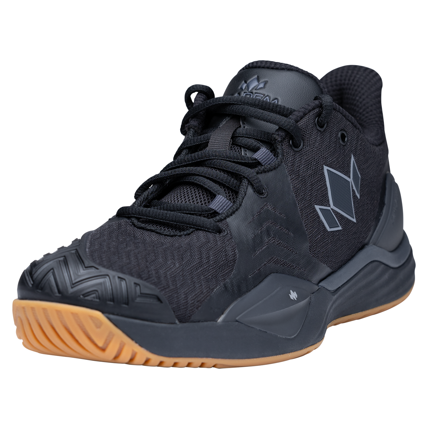 The Diadem Court Burst by Diadem Sports is a black court shoe with geometric patterns, mesh fabric, reflective side logo, black laces, textured gum sole, and reinforced toe—ideal for tennis or pickleball—shown angled left on a plain background.