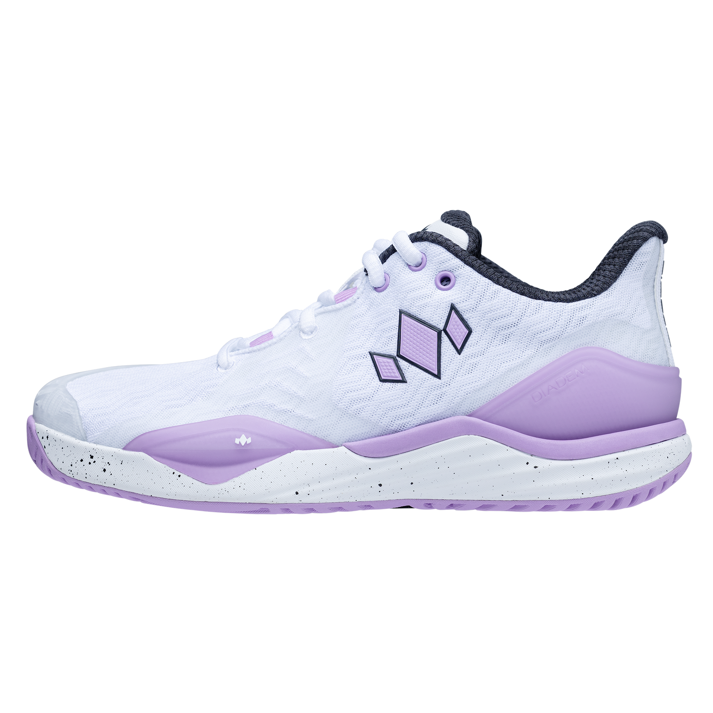 The Diadem Court Burst by Diadem Sports is a white low-cut athletic shoe with light purple accents, black inner lining, geometric side logo, speckled sole, and mesh texture—ideal for tennis or pickleball.