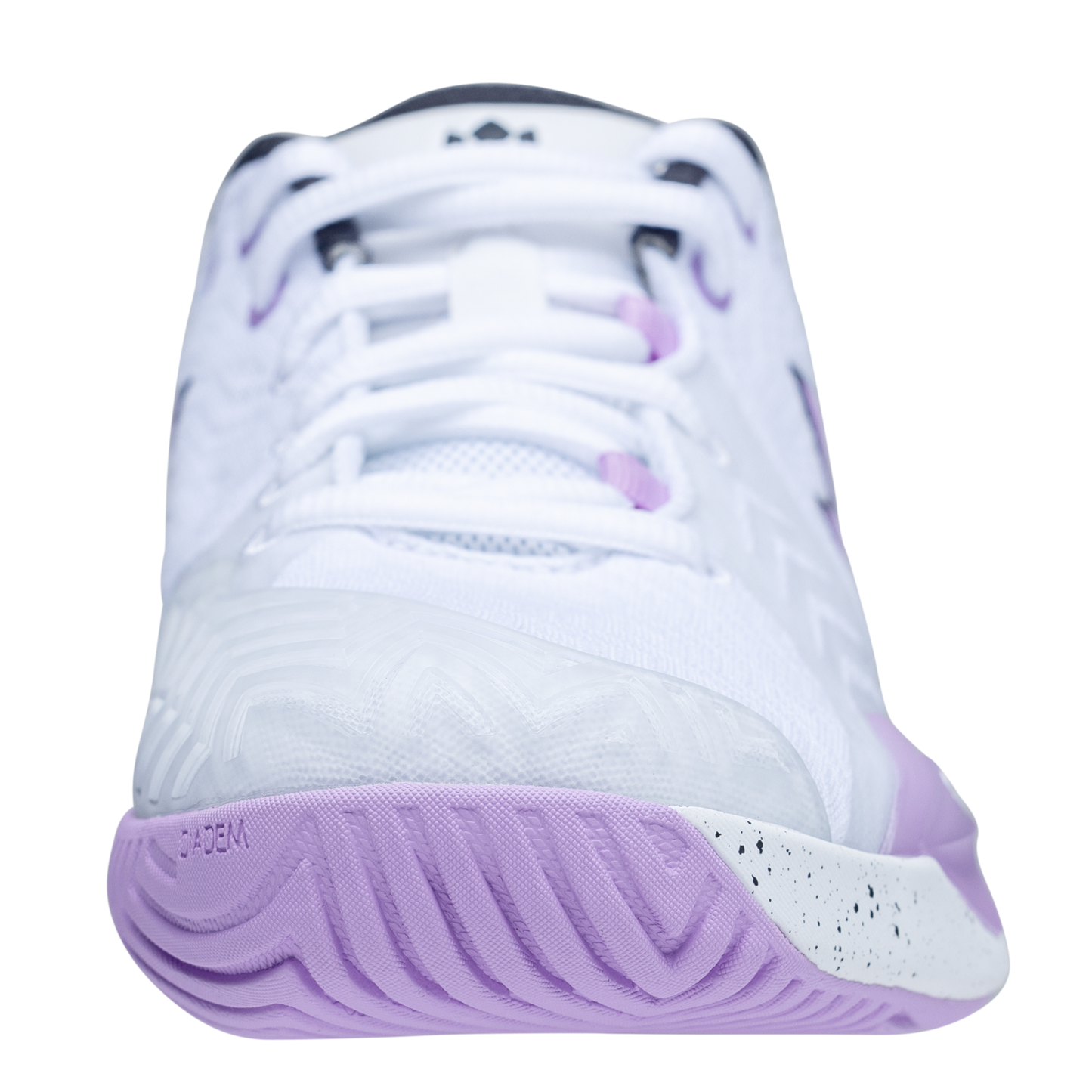 Close-up front view of the Diadem Court Burst by Diadem Sports, a white athletic shoe with lilac accents for pickleball or tennis. Features mesh upper, white laces, lilac eyelets, textured lilac rubber sole, and black-speckled midsole.