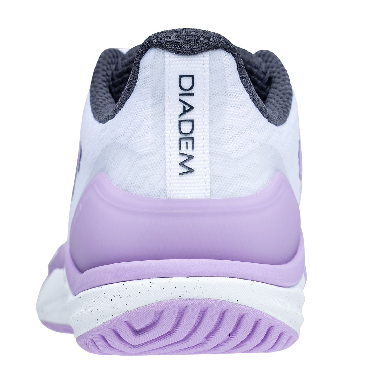 Close-up rear view of the Diadem Sports Diadem Court Burst, a white court shoe with a textured light purple heel and outsole, dark gray inner lining, and "DIADEM" vertically printed on a white heel strip—perfect for pickleball or tennis. White background.