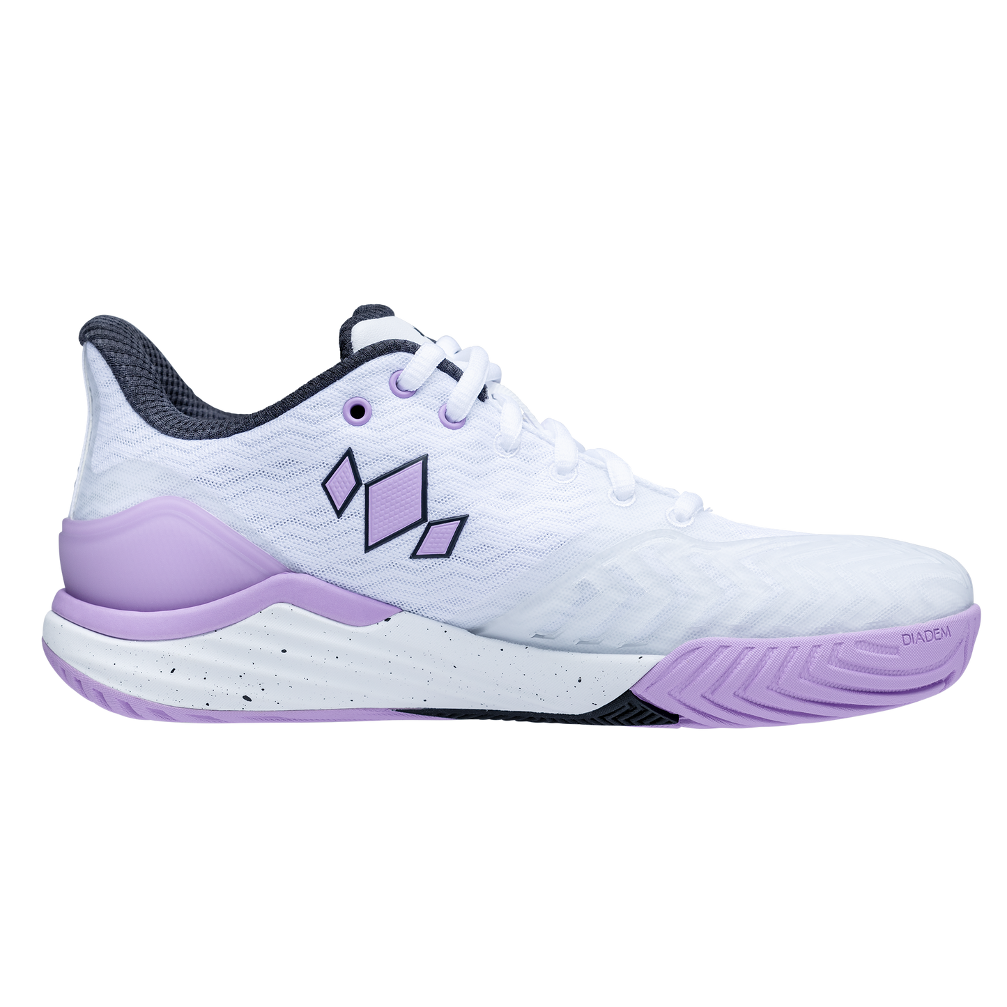 The Diadem Sports Diadem Court Burst is a white athletic court shoe with purple accents on the heel, sole, and toe, black geometric side logo, white laces, textured upper, and a speckled midsole—ideal for tennis or pickleball.