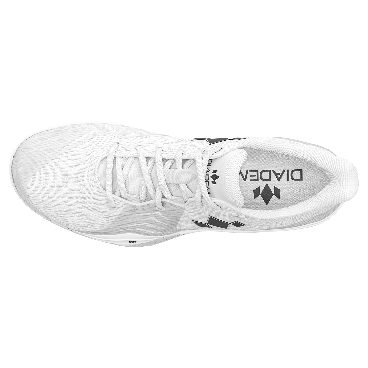 Top view of the Diadem Court Burst by Diadem Sports—a white athletic court shoe with mesh texture, black accents, and white laces. Its modern, lightweight design is ideal for tennis or pickleball and features a patterned surface.