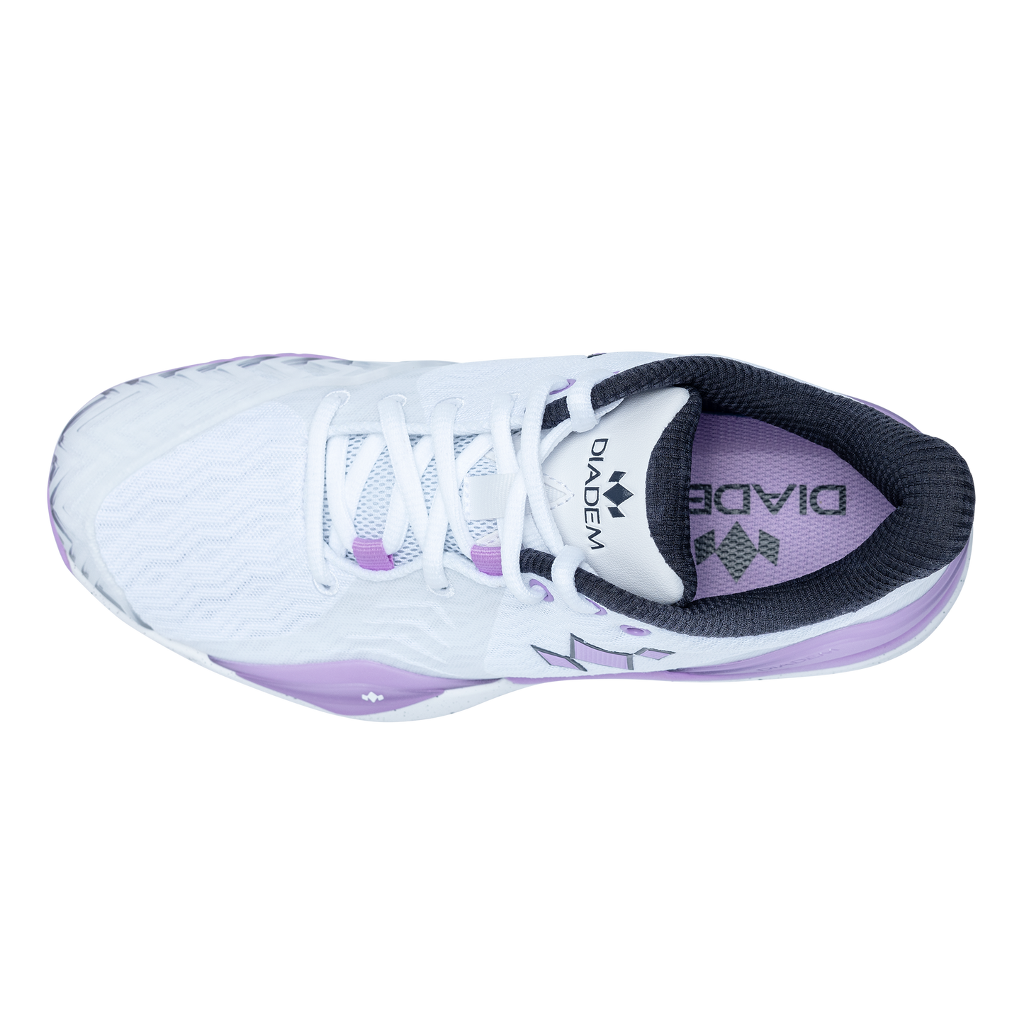A top view of the Diadem Sports Diadem Court Burst shows a white athletic court shoe with light purple accents, black lining, white laces, and DIADEM logos on the tongue and insole. Subtle geometric patterns decorate the sole and upper. Plain white background.