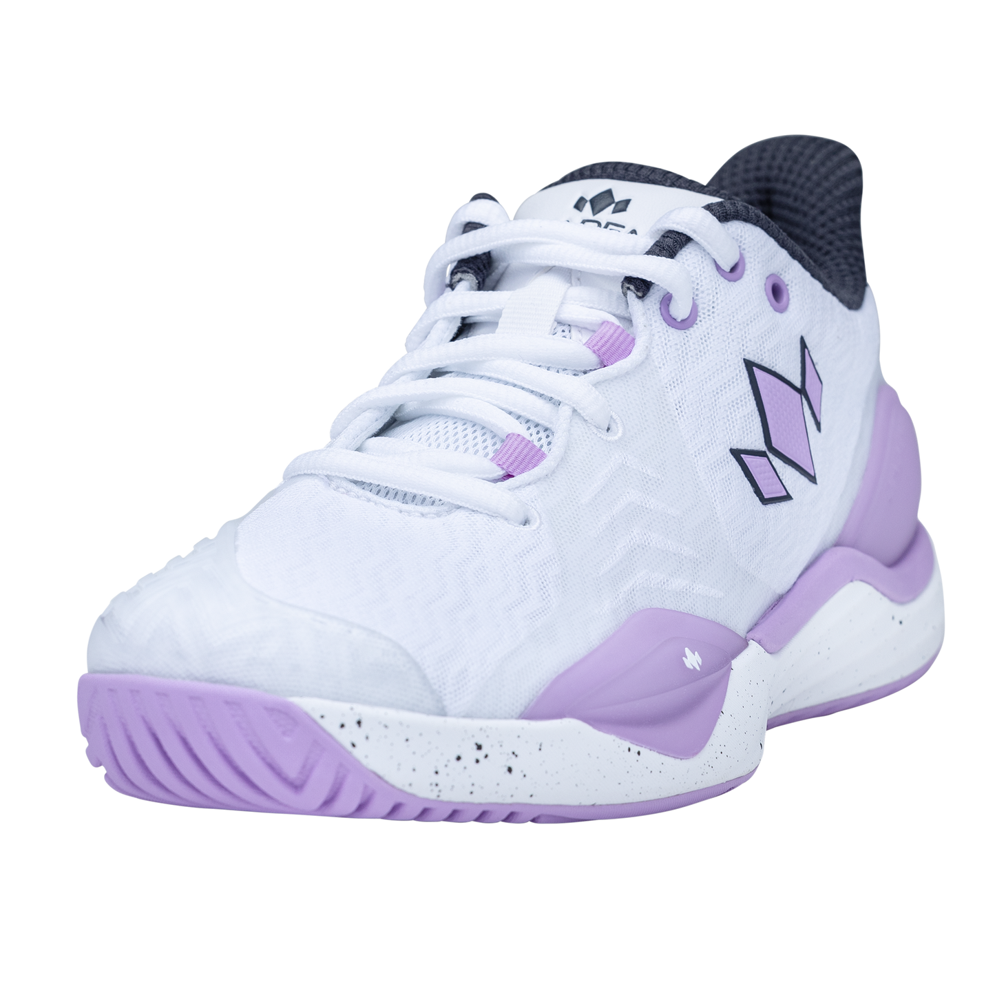 The Diadem Court Burst by Diadem Sports is a white athletic court shoe with lavender and purple accents, a black inner lining, geometric logo, lavender lace holes, speckled midsole, and textured sole—ideal for tennis or pickleball.