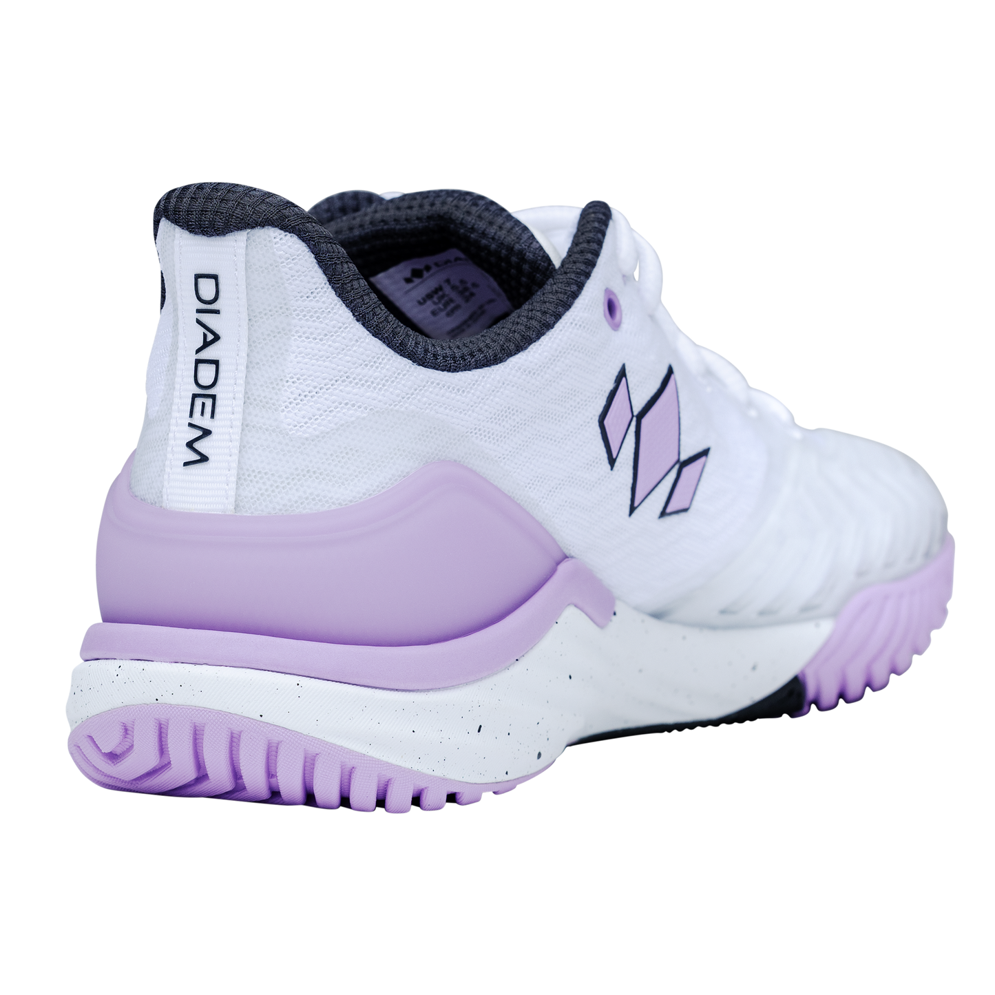 The Diadem Court Burst by Diadem Sports is a white court shoe with a purple sole and heel, black ankle trim, “DIADEM” printed on the heel, diamond logo on the side, and textured lavender tread—ideal for tennis or pickleball. Plain white background.