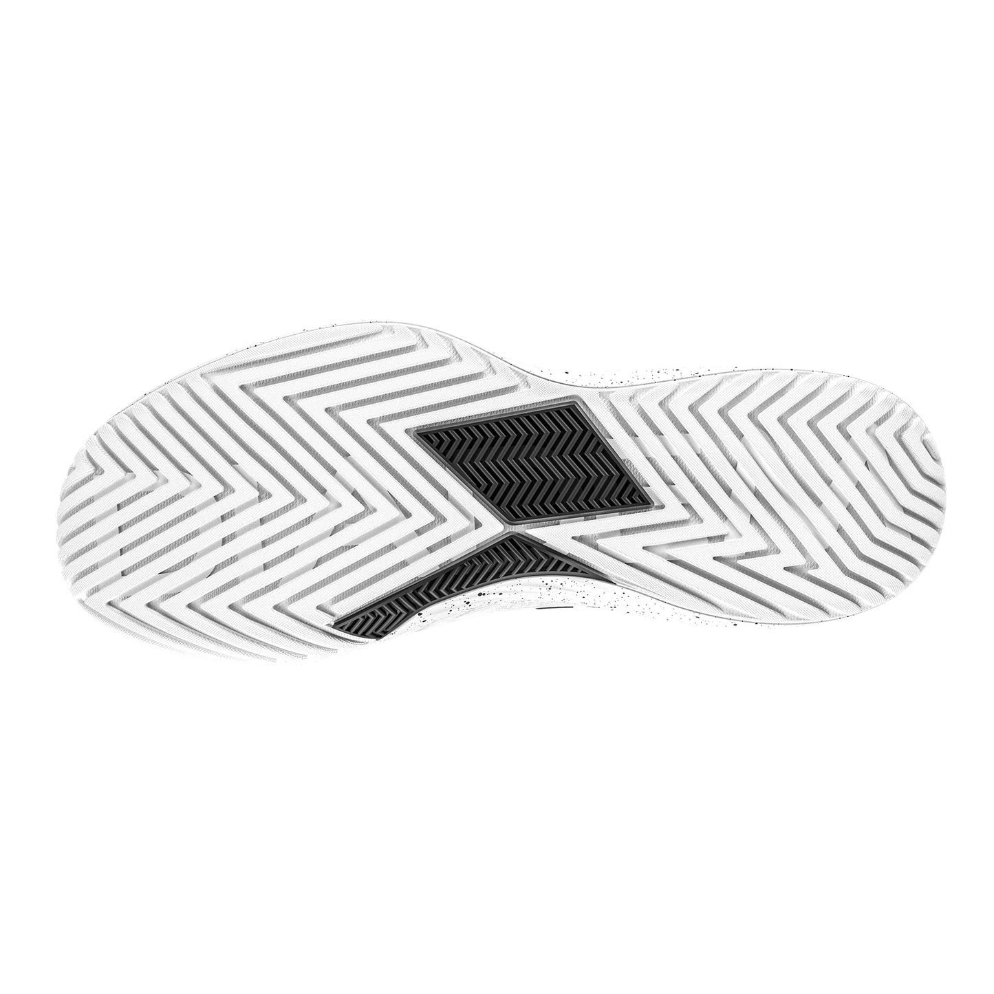 The Diadem Sports Diadem Court Burst court shoe features a white sole with bold zigzag herringbone tread. A contrasting black midfoot section adds a finer zigzag pattern for extra grip, perfect for tennis or pickleball.