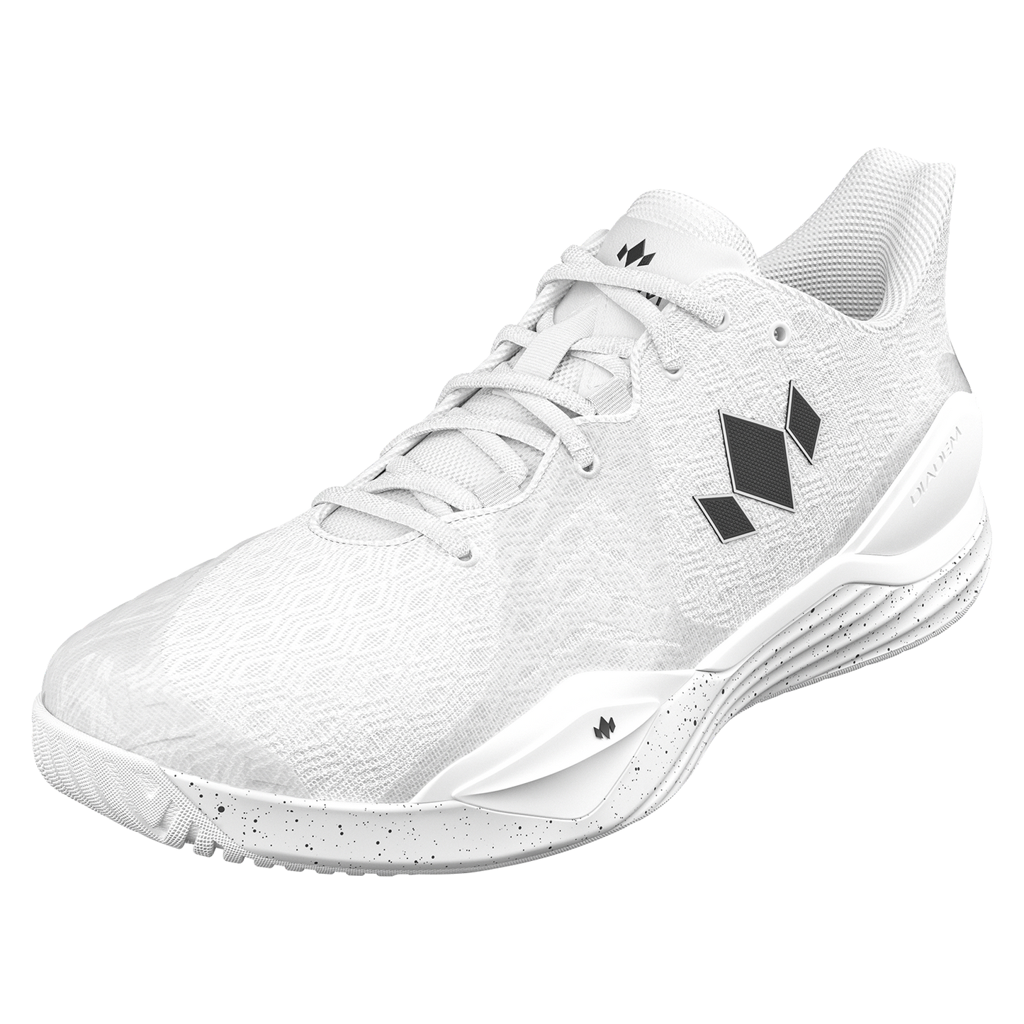 The Diadem Court Burst by Diadem Sports is a white athletic court shoe featuring a textured pattern, white laces, and a black geometric logo on the side and tongue. The speckled white midsole makes it perfect for tennis or pickleball.