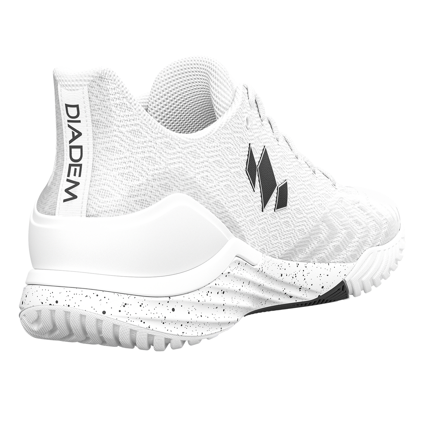 The Diadem Sports Court Burst is a white athletic sneaker shown from the back and side, with a textured knit upper, black geometric logo, "DIADEM" heel tab text, white speckled midsole, and rugged grip outsole on a light gray background.