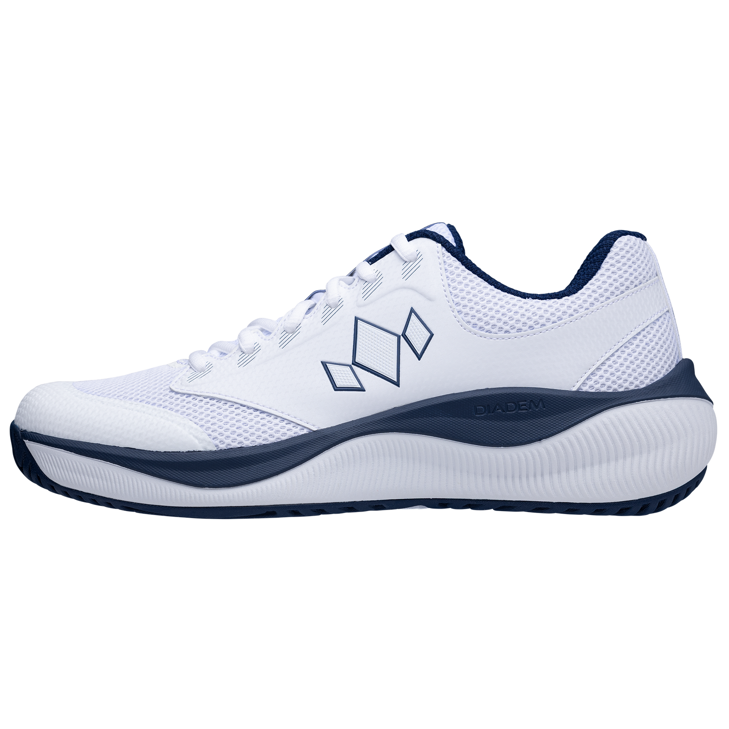 The Diadem Court Flo by Diadem Sports is a white, breathable tennis shoe with navy accents on the sole, collar, and geometric logo. Its mesh upper ensures airflow, while lace-up design and textured grip provide a supportive fit.