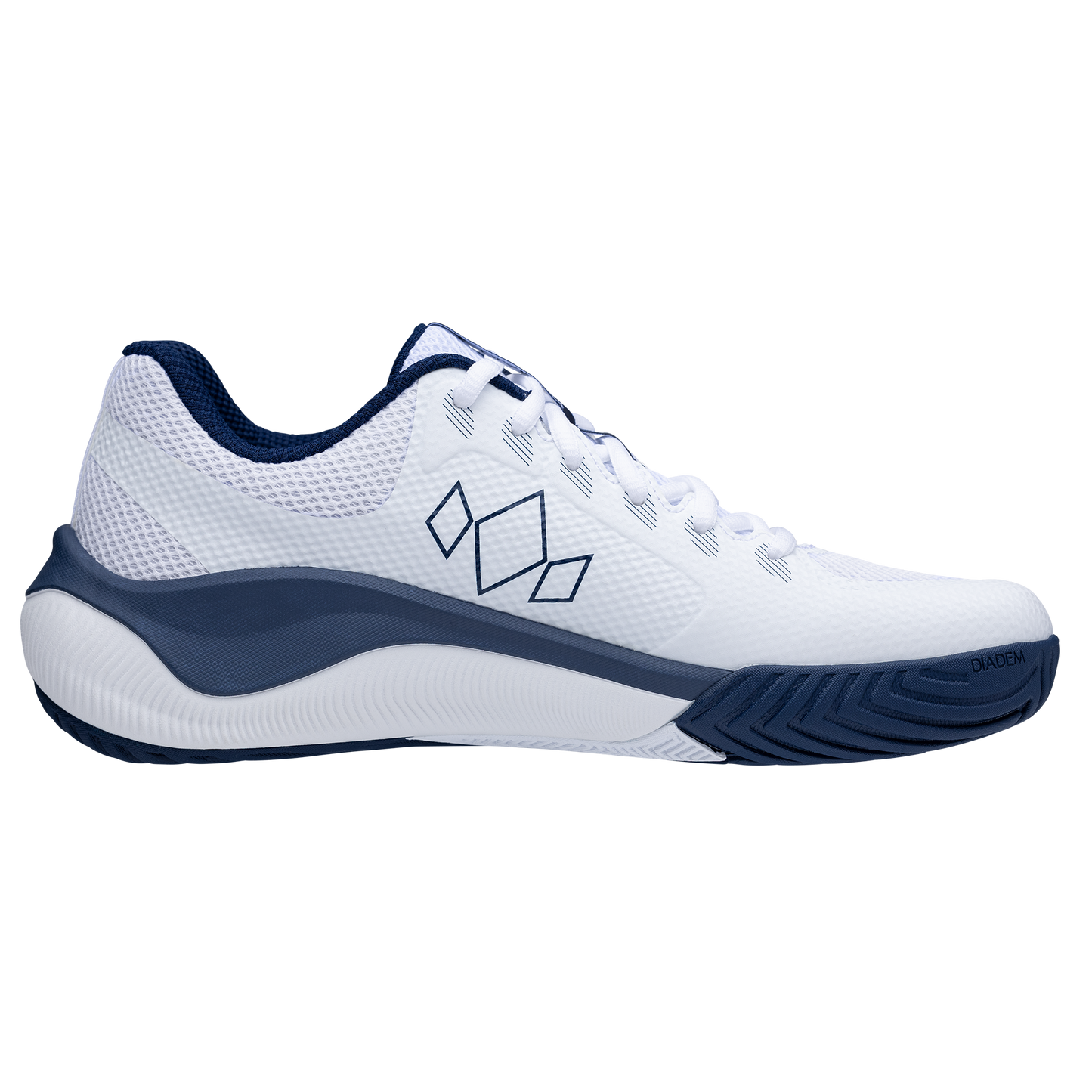 The Diadem Sports Diadem Court Flo is a white tennis shoe with navy accents, mesh upper, geometric diamond logo, lace-up closure, navy collar lining, and thick textured dark blue sole with “DAIDEN” on the front edge.