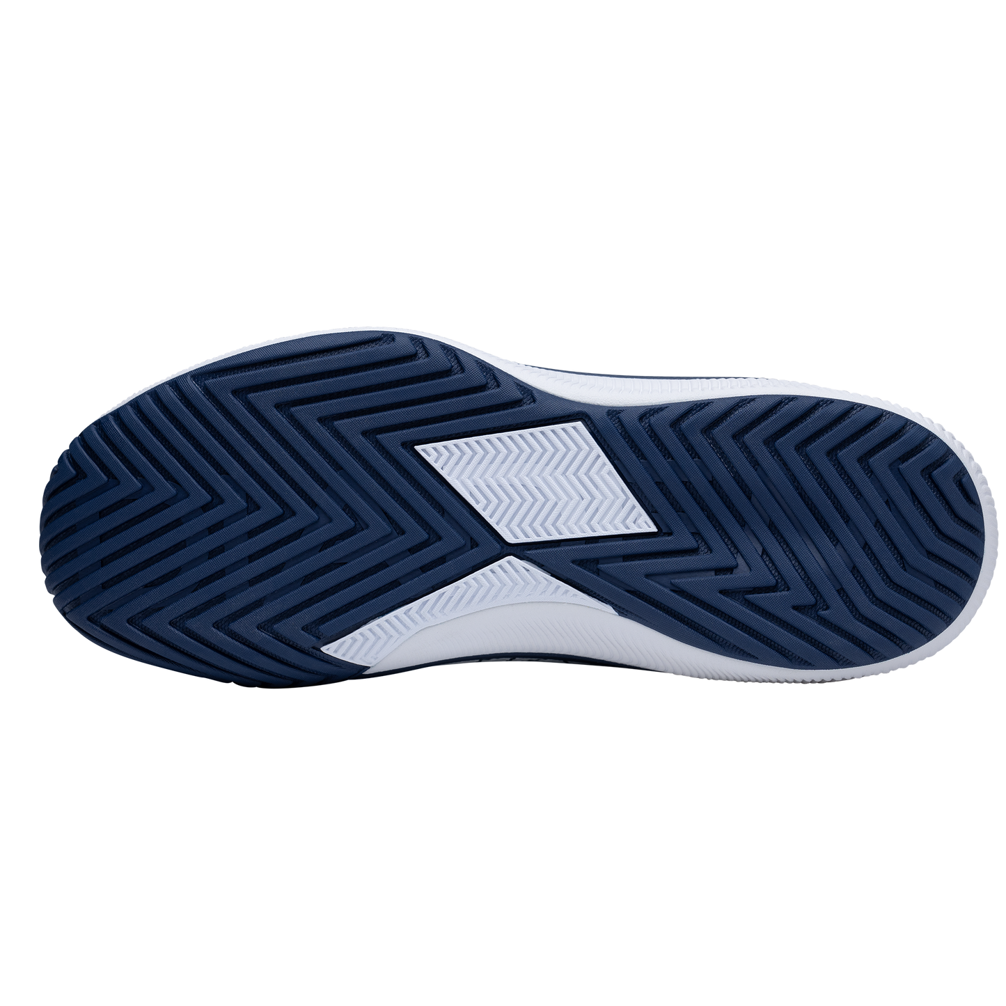The image displays the sole of the Diadem Court Flo tennis shoe by Diadem Sports, featuring a navy and white color scheme with a herringbone tread for traction. The sole has a white center section, navy edges, and is set against a plain white background.