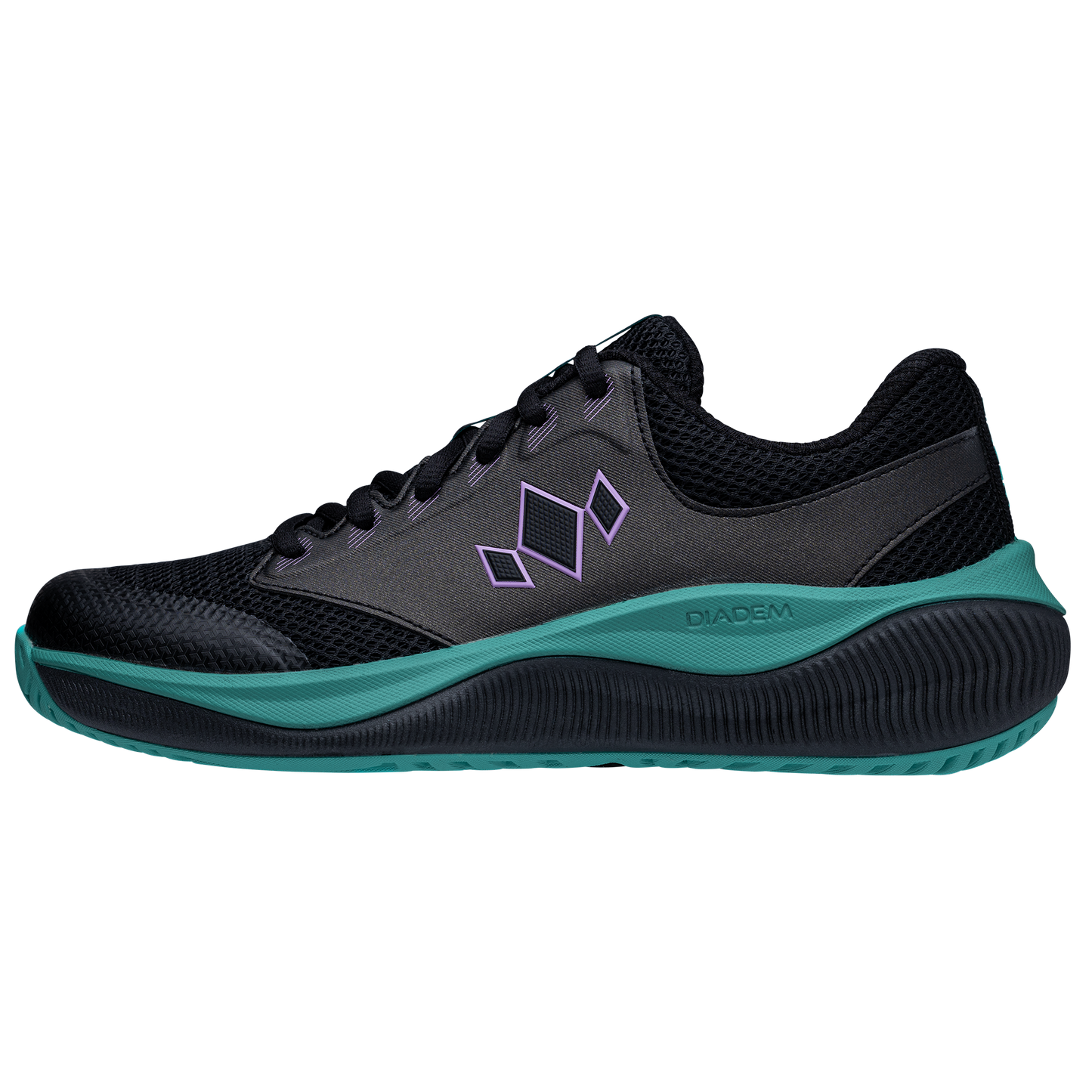 The Diadem Sports Diadem Court Flo is a black athletic sneaker with teal sole and accents, a purple geometric side logo, breathable mesh upper, responsive cushioning, and "DIADEM" printed on the midsole above a textured teal outsole.