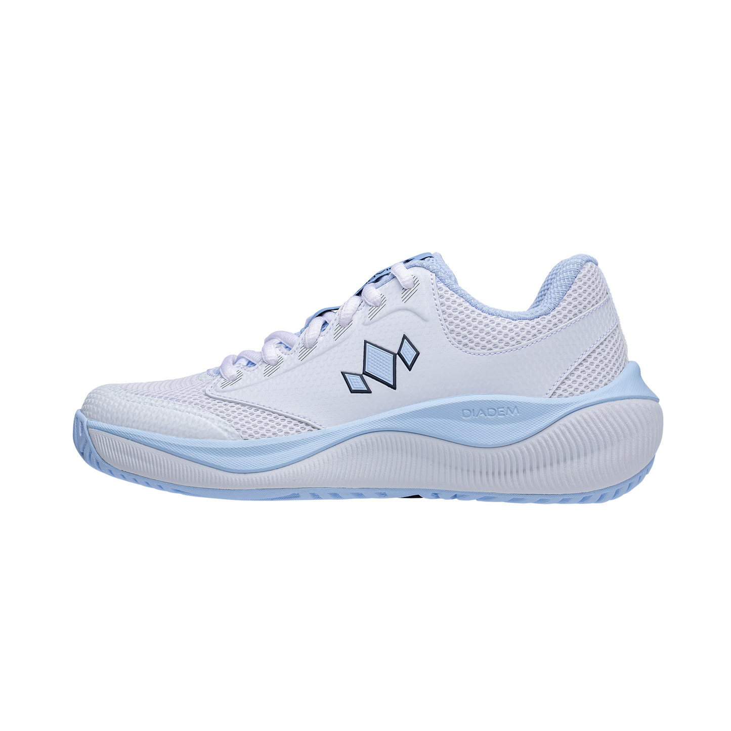 A side view of the Diadem Court Flo by Diadem Sports, a white tennis shoe with light blue accents. This breathable court shoe features mesh uppers, a cushioned sole, textured grip, and a geometric logo for a modern look.