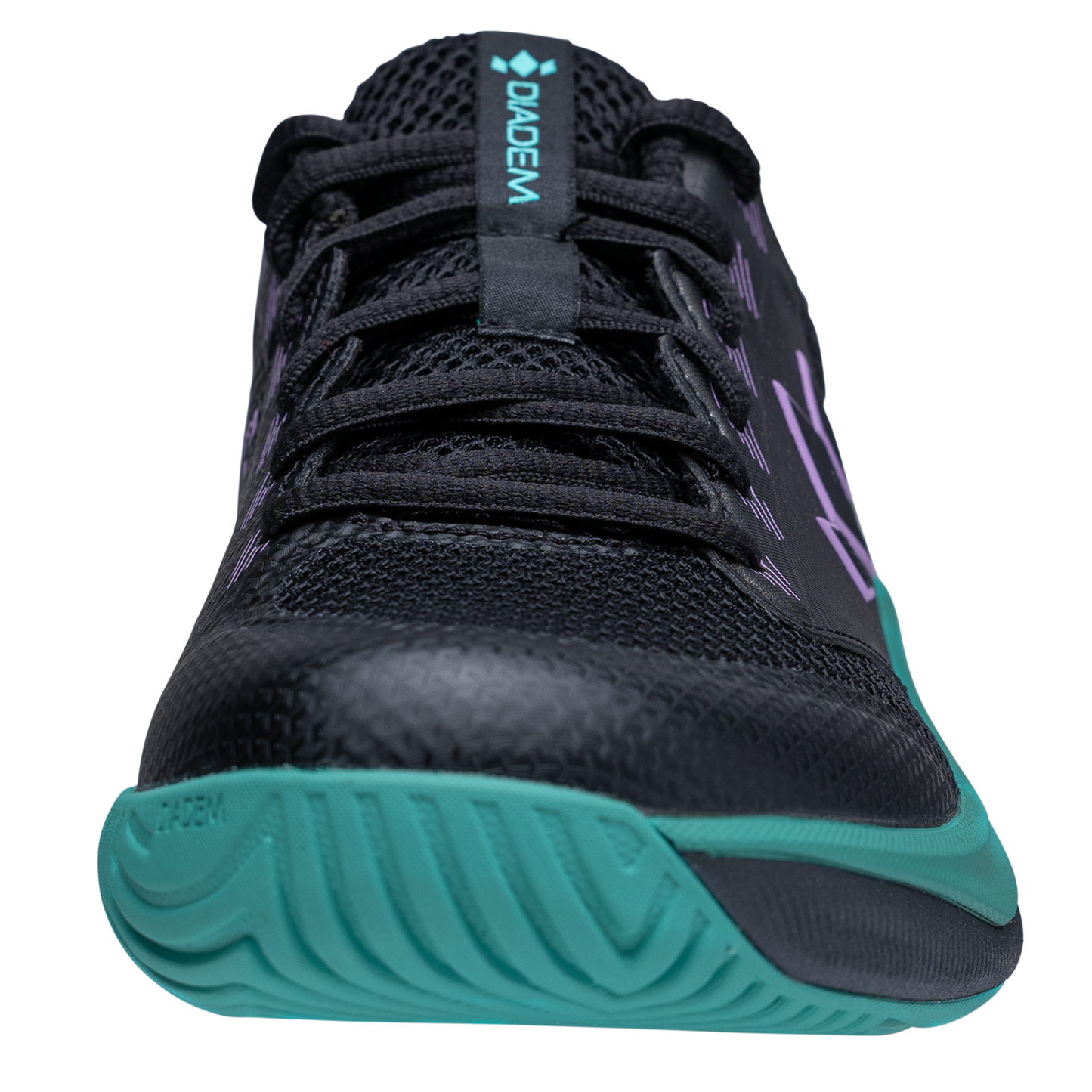 A close-up front view of the Diadem Court Flo, a black breathable tennis shoe by Diadem Sports with teal accents on the sole and tongue, black laces, mesh fabric, a purple side design, and "Diadem" in teal on the tongue.