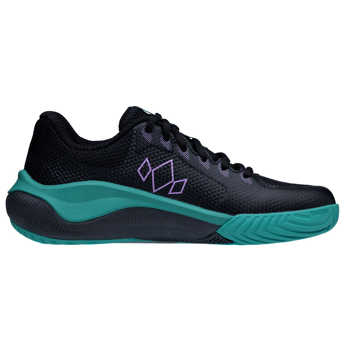 The Diadem Court Flo by Diadem Sports is a black performance tennis sneaker with a teal sole, purple diamond accents, breathable mesh upper, black laces, and a curved teal midsole for comfort and traction.
