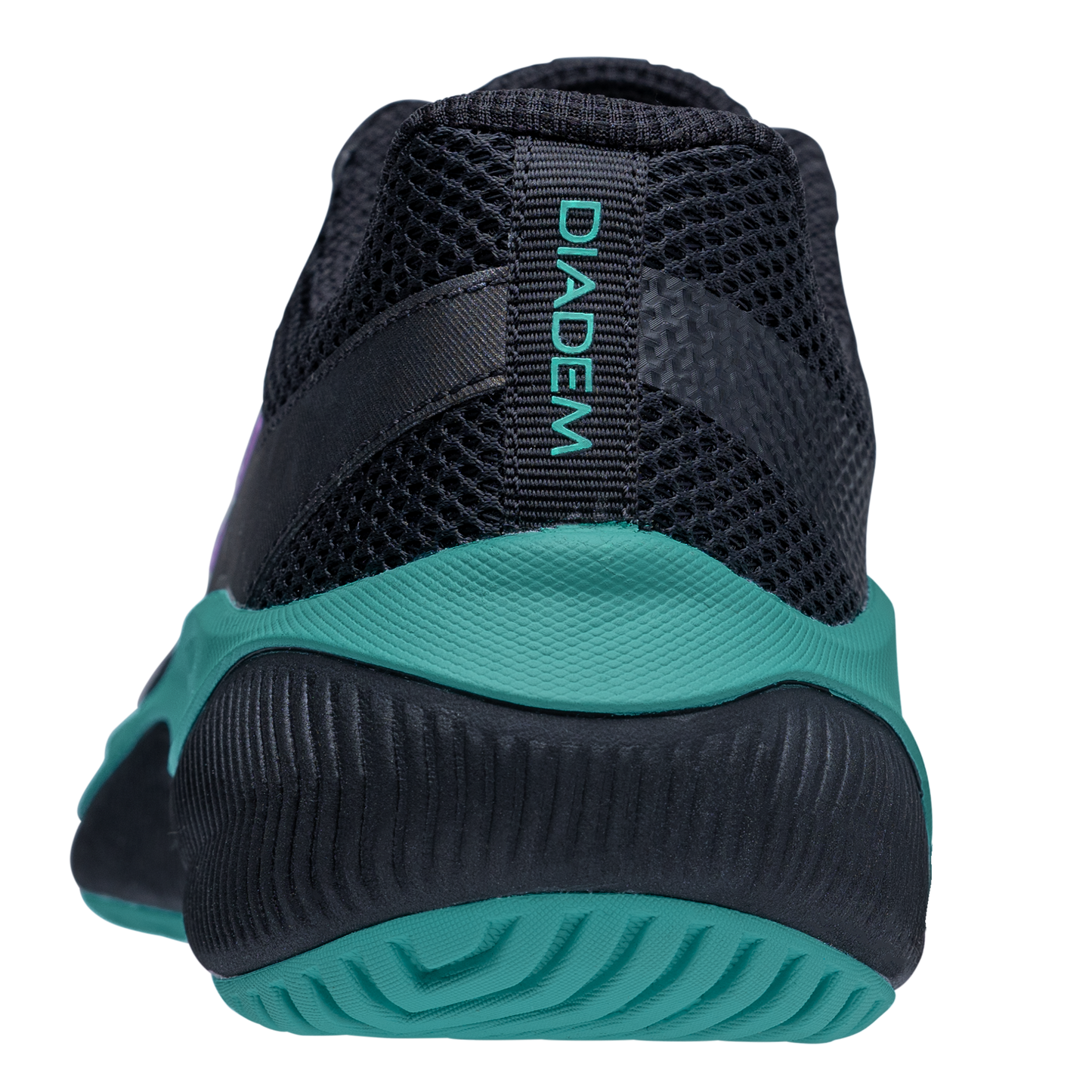Close-up rear view of the Diadem Court Flo by Diadem Sports, a black tennis shoe with teal accents and “DIADEM” in teal on the heel, featuring a breathable mesh and synthetic upper atop a teal and black rubber sole.