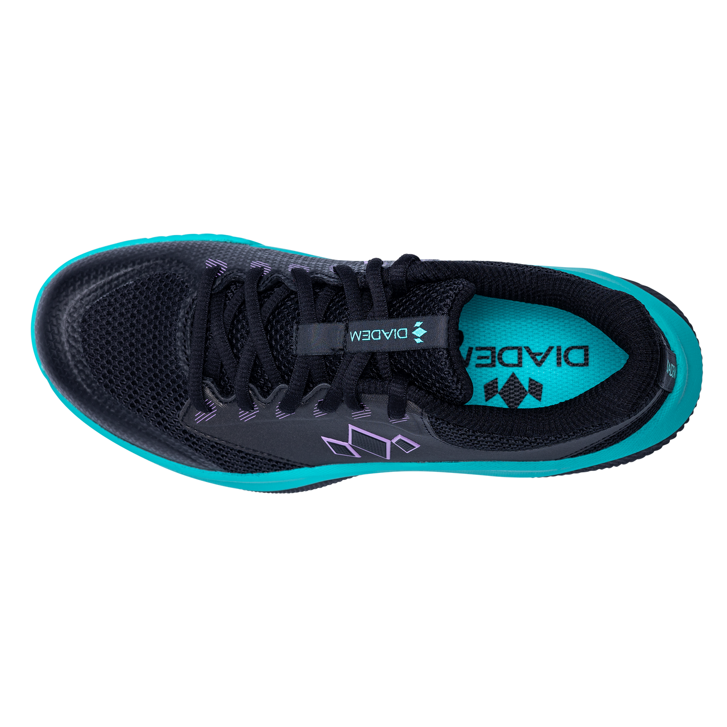Top view of the Diadem Court Flo by Diadem Sports, a black tennis shoe with teal sole and lining accents, white "Diadem" on the tongue, subtle purple geometric side designs, black laces, and breathable mesh.