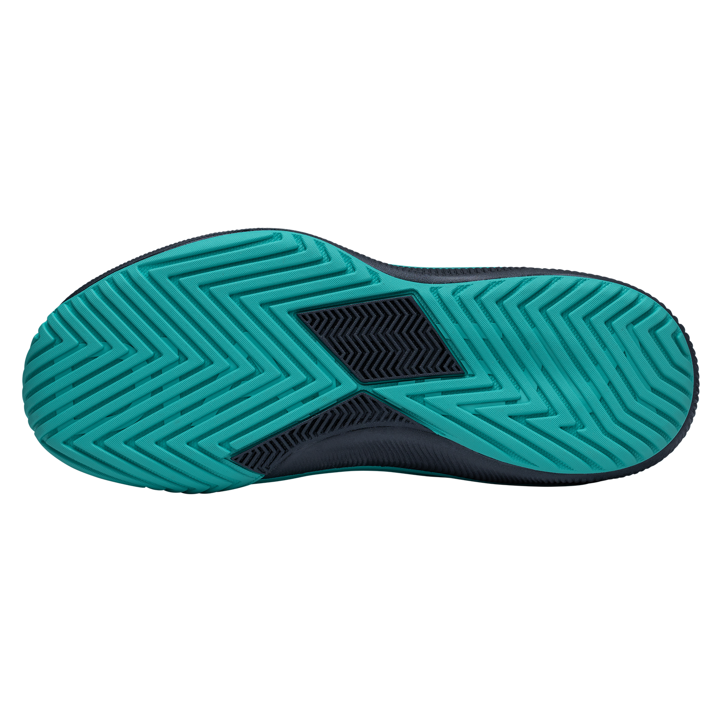 The image displays the sole of the Diadem Sports Diadem Court Flo, featuring a teal and black color scheme with bold herringbone zigzag tread for traction and finer central zigzags for enhanced grip.