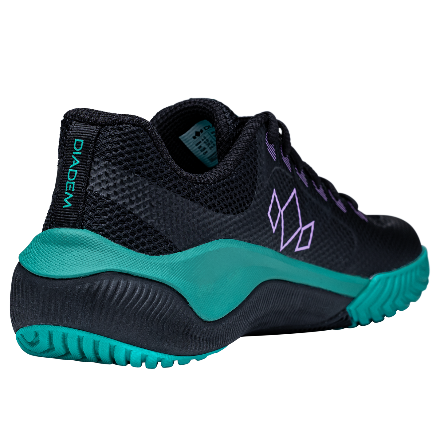 The Diadem Court Flo by Diadem Sports is a black performance tennis shoe with a textured upper, teal sole and accents, purple geometric designs, “DIADEM” on the heel, and lightweight breathable build—perfect for sports thanks to its treaded grip.