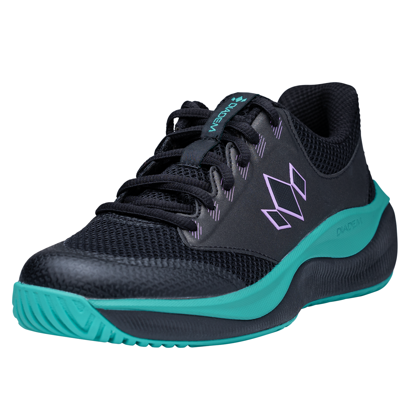 The Diadem Court Flo by Diadem Sports is a black breathable tennis shoe with a mesh upper, purple geometric logo, and teal accents on the sole, toe, and tongue. It features black laces and a textured sole for comfort and support.