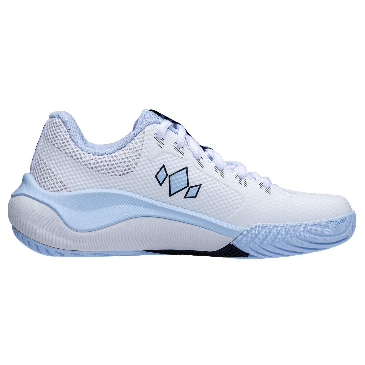 The Diadem Court Flo by Diadem Sports is a white, breathable tennis shoe with light blue accents, mesh upper, geometric double-diamond logo, white laces, blue collar, and a cushioned contoured sole for superior court grip and support.
