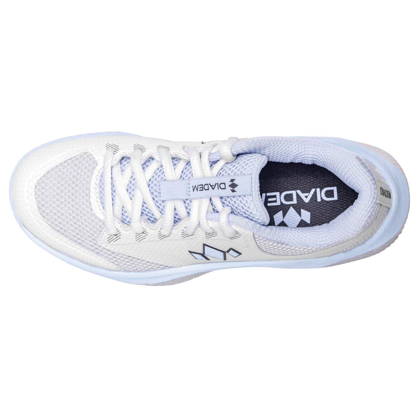 Top view of the Diadem Court Flo by Diadem Sports—a white mesh tennis shoe with light blue accents, white laces, responsive cushioning, a grey padded collar, and a black insole featuring the DIADEM logo in white for a clean, sporty look.