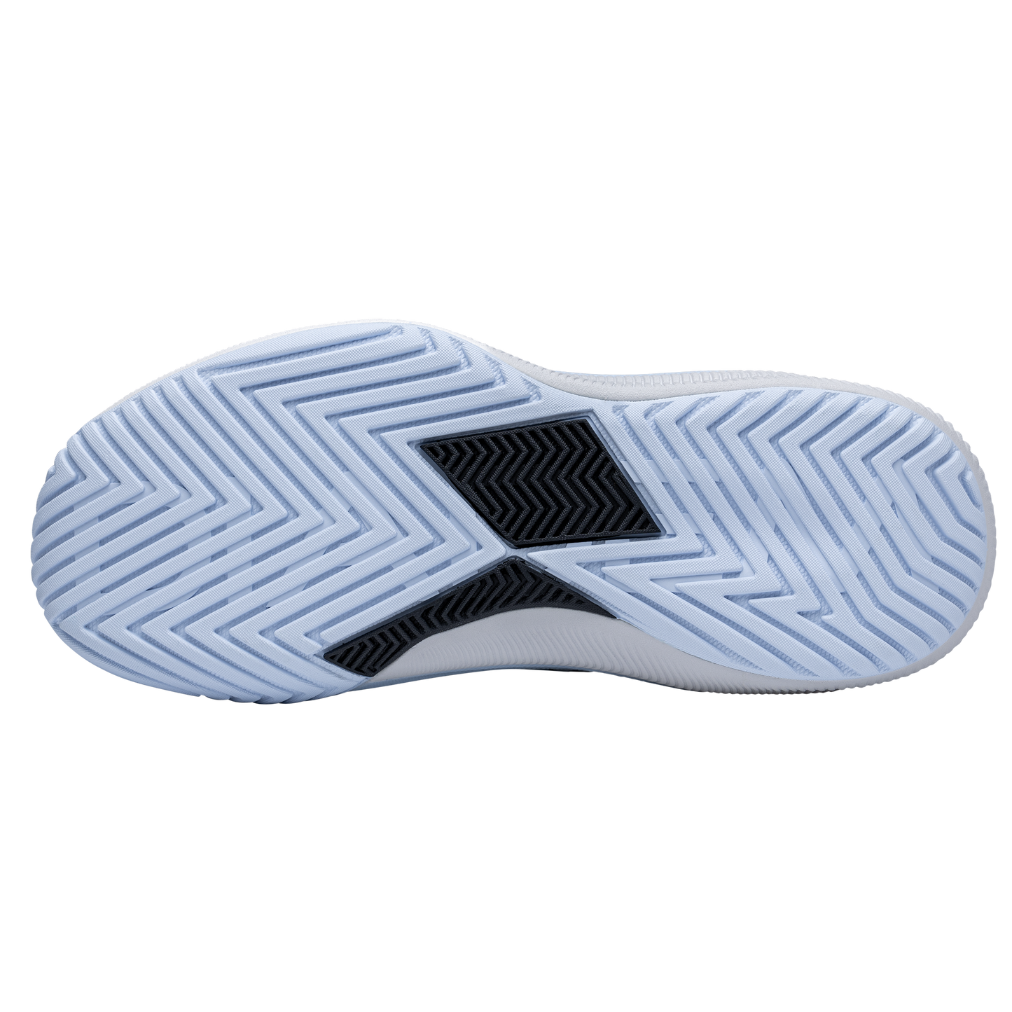 The image shows the outsole of the Diadem Sports Diadem Court Flo, a performance court shoe with a light blue and white herringbone tread and a black geometric center, designed for superior grip and traction with diagonal grooves.