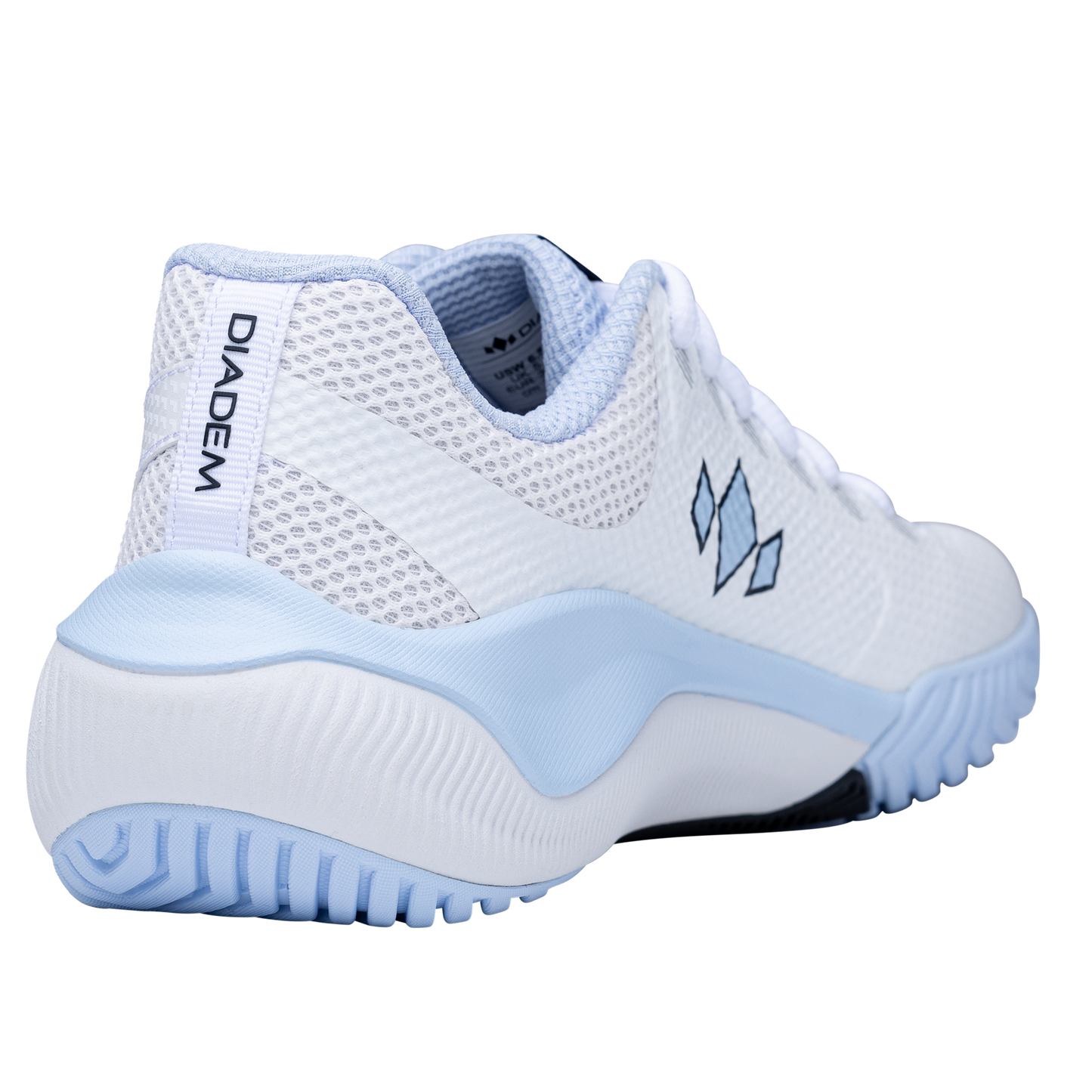 The Diadem Court Flo by Diadem Sports is a white tennis shoe with light blue accents, a textured sole, and a breathable mesh upper. "Diadem" appears on the heel tab, with two blue diamond logos on the side.