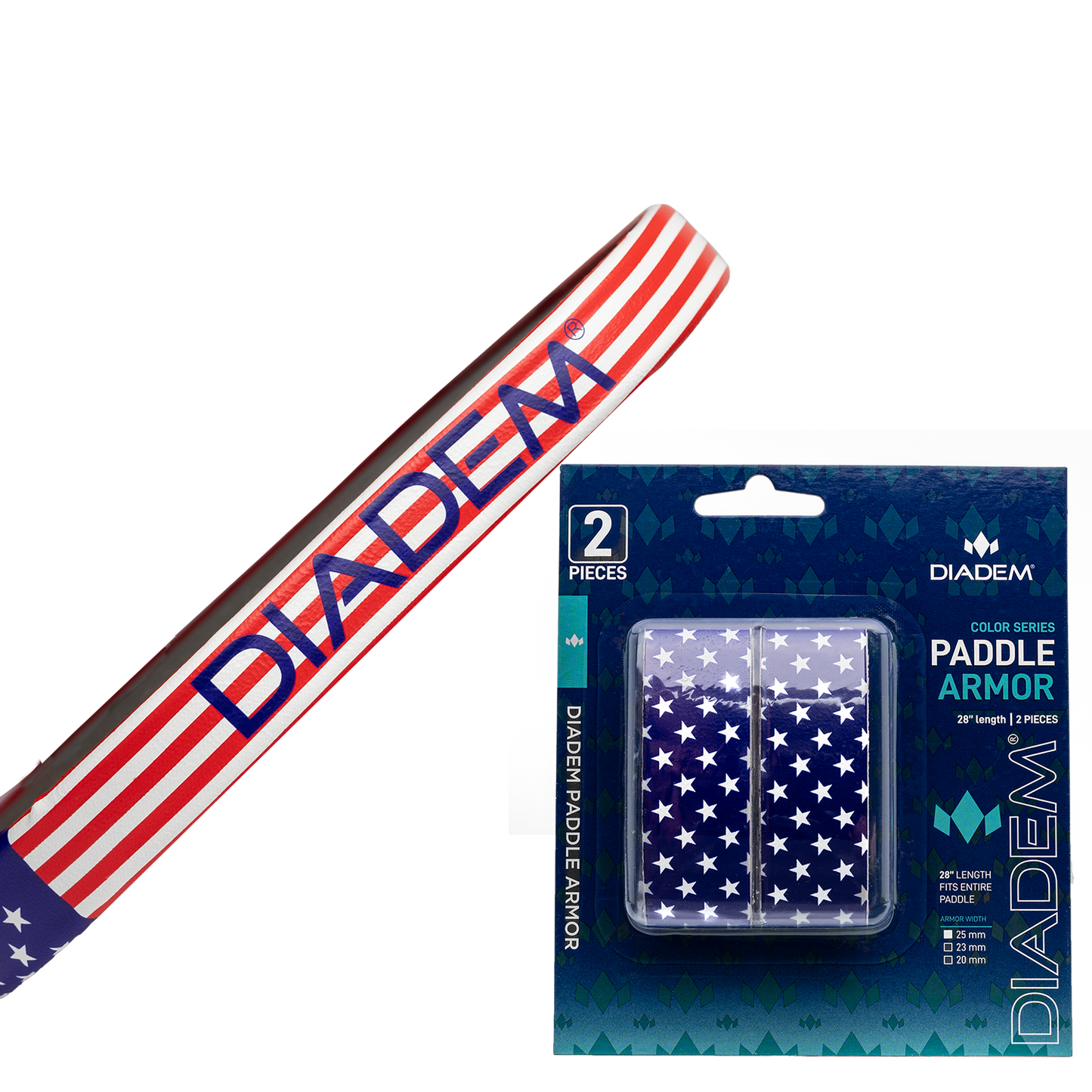 The Diadem Sports Diadem Paddle Armor features a red, white, and blue stars-and-stripes American flag grip and comes in retail packaging with two blue grip wraps decorated with white stars for pickleball paddle protection.