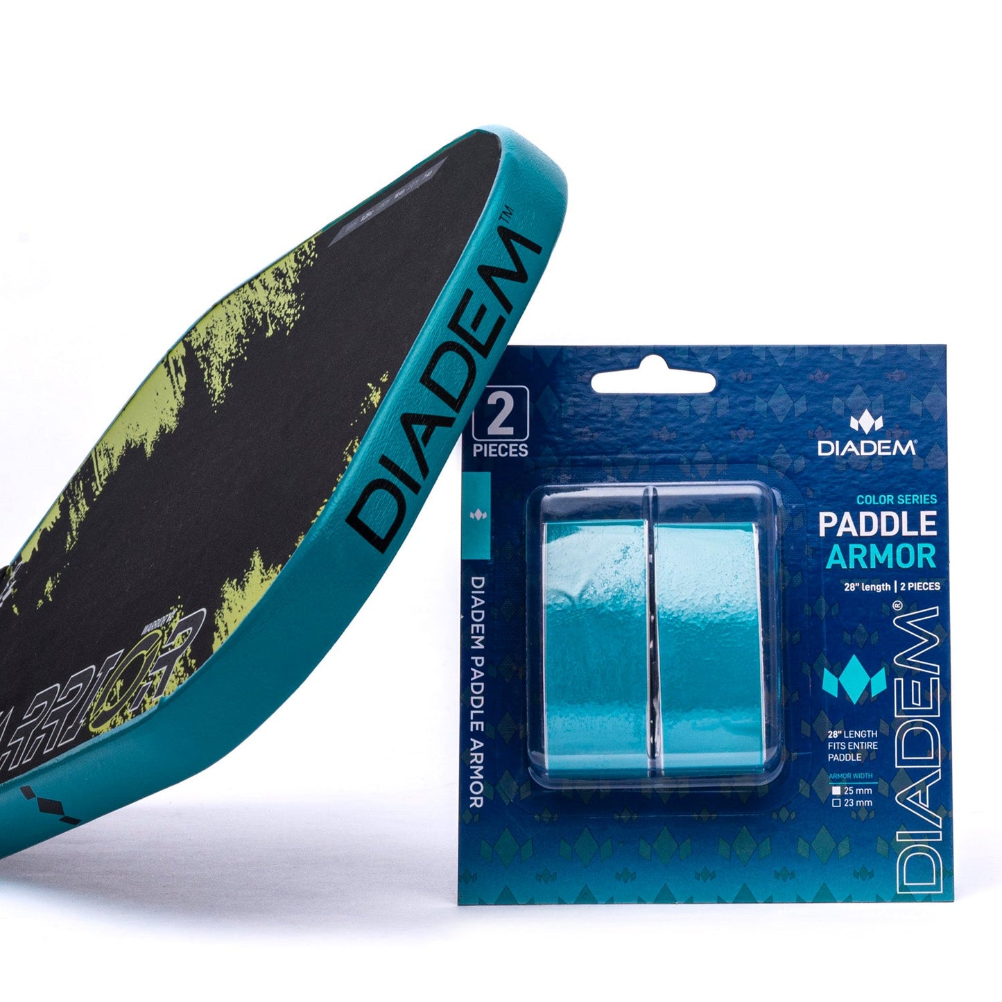 A close-up of a pickleball paddle with a teal edge and Diadem Sports' Diadem Paddle Armor, featuring two shiny teal rolls of edge guard tape, displayed beside the paddle for premium protection on a white background.
