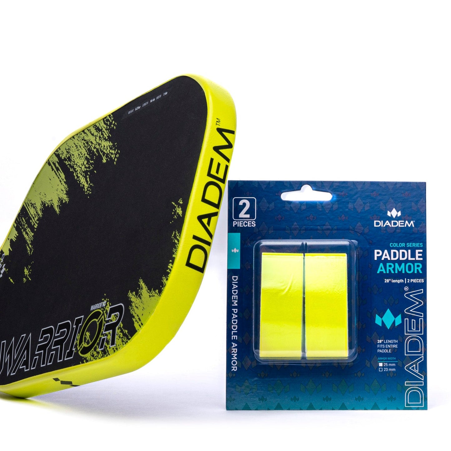 A close-up shows a Diadem Sports pickleball paddle beside a pack of Diadem Paddle Armor, neon yellow overgrip that highlights the paddle edge guard for added protection and features prominent Diadem branding.