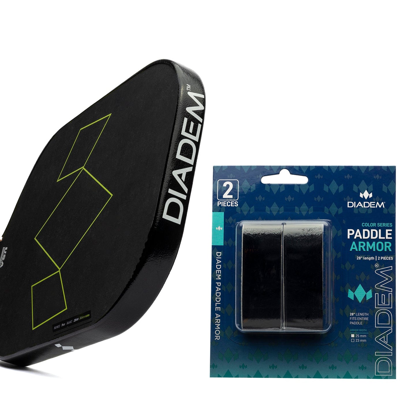 Close-up of a black pickleball paddle with "DIADEM" in white beside a packaged Diadem Sports Paddle Armor edge guard set. The blue packaging features geometric designs and bold white text.