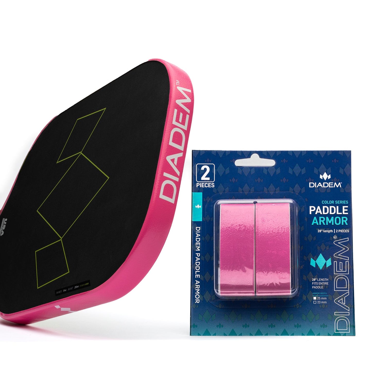 A black DIADEM pickleball paddle with a pink edge is next to a blue COLD SERIES Diadem Sports Paddle Armor pack containing two pink overgrips, which provide reliable edge protection for your paddle.