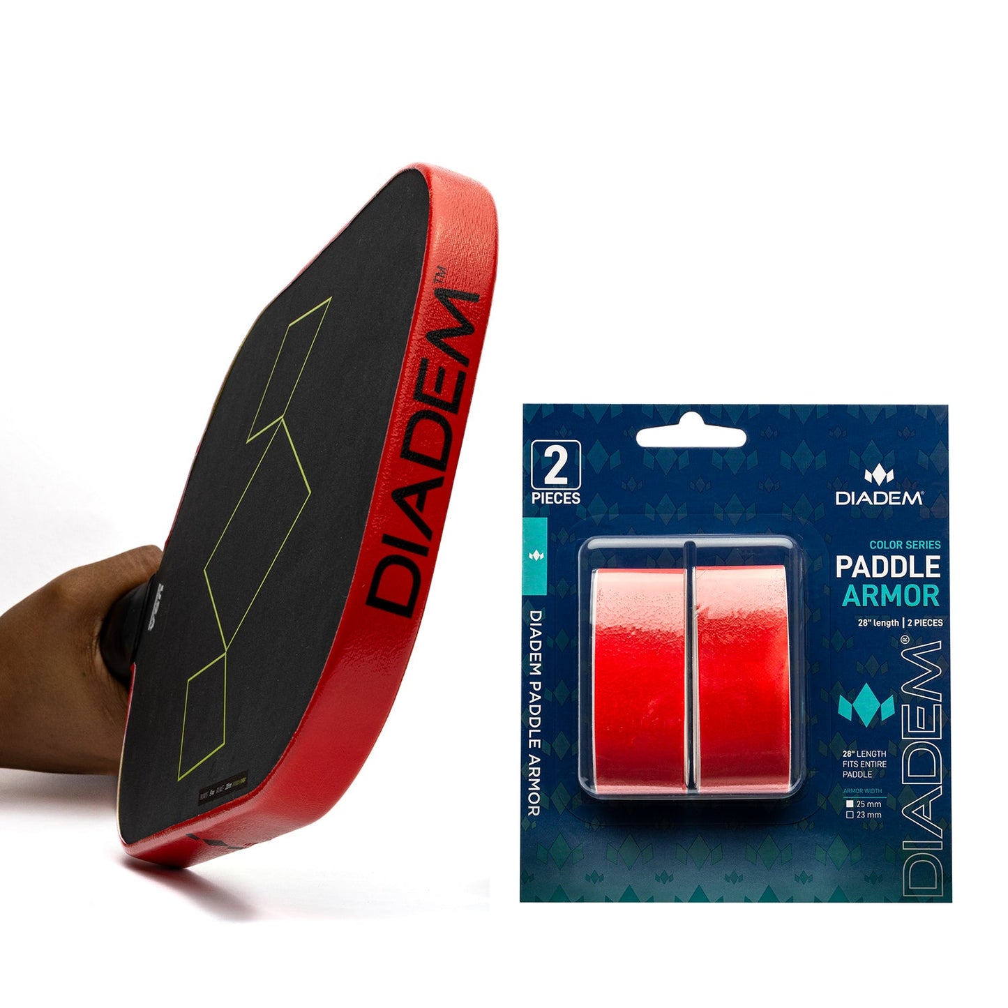 A hand holds a black Diadem Sports pickleball paddle with a red edge and "DIADEM" on the side. Next to it is a Diadem Paddle Armor pack containing two red edge guard strips for paddle protection.