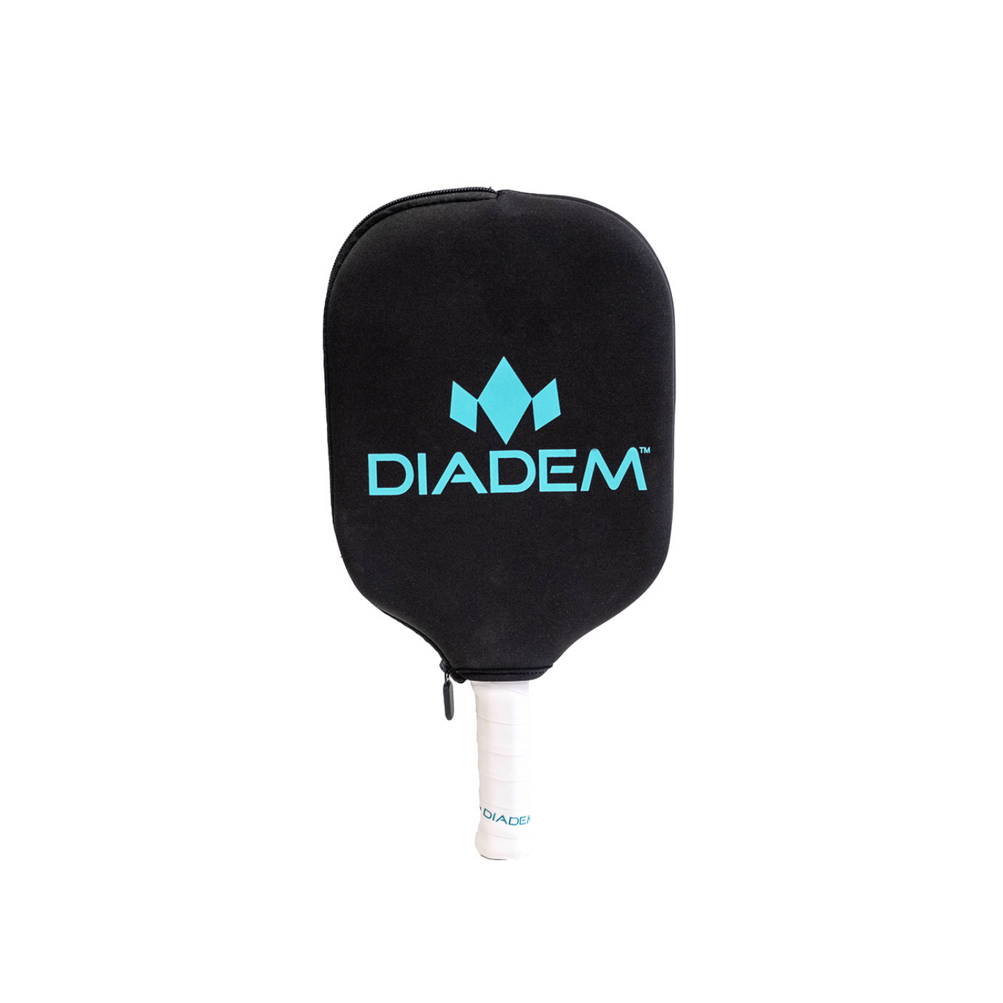 A black paddle with blue text, protected by the Diadem Sports Diadem Paddle Cover.