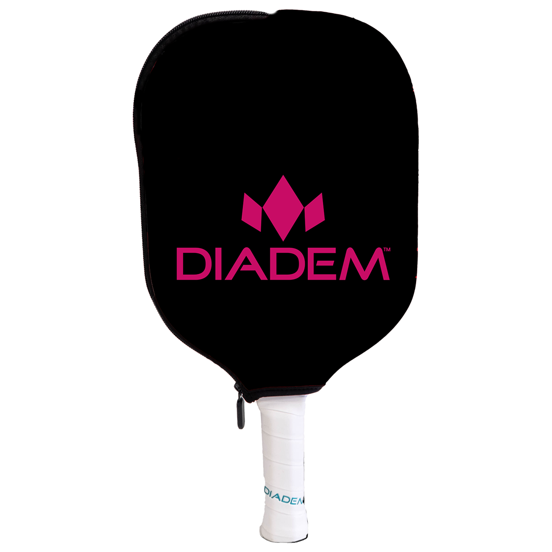 The Diadem Paddle Cover by Diadem Sports features a black neoprene zip-up design with a pink geometric logo and bold branding, protecting your paddle with style while blue branding accents the white-wrapped handle.