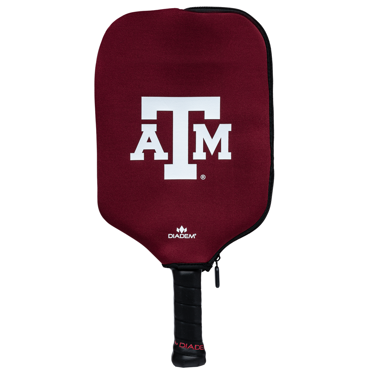 A maroon pickleball paddle with a bold white “ATM” logo and black handle featuring a red “DIADEM” logo, partially zipped in a maroon Diadem Sports Diadem Paddle Cover.