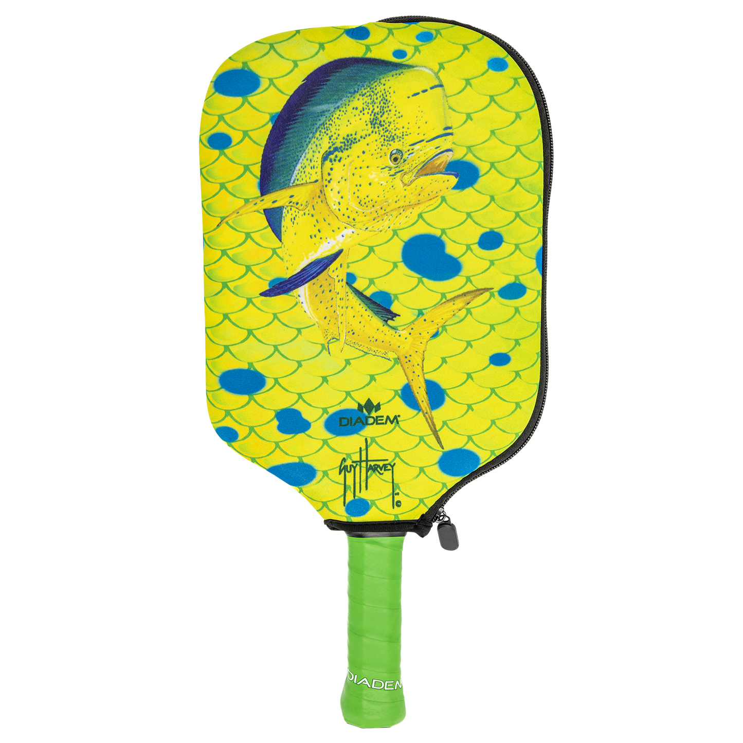 The Diadem Paddle Cover by Diadem Sports features a vibrant yellow and green scale pattern, a large fish design, black zipper, and neon green handle grip tape labeled DIADEM for added flair.