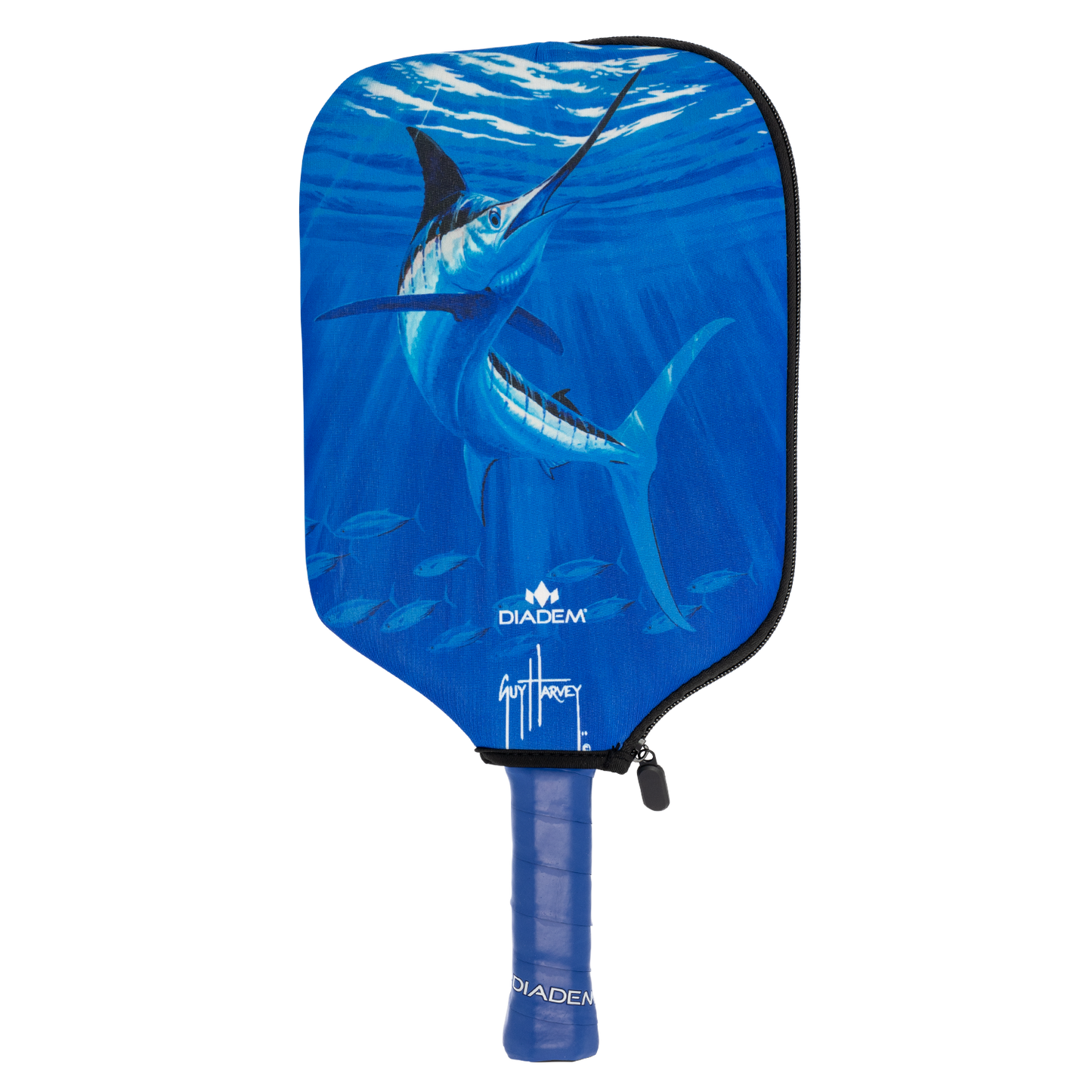 A blue pickleball paddle with blue grip tape and a Diadem Paddle Cover from Diadem Sports featuring a marlin swimming underwater among fish, the Diadem logo, and a white signature near the bottom.