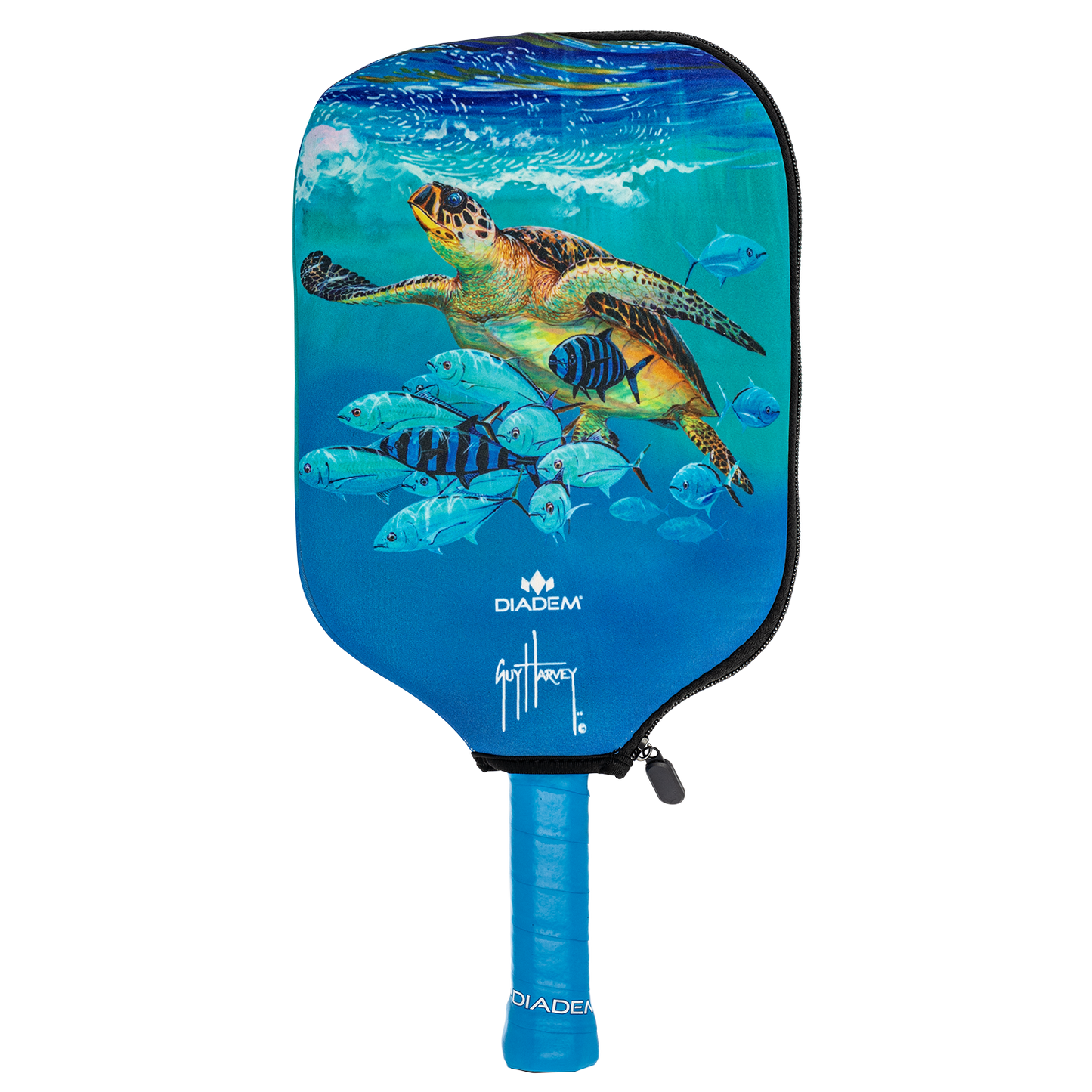 The Diadem Paddle Cover by Diadem Sports features a blue design with an underwater scene of a sea turtle and fish, a zipper along the upper edge, and logos on both the cover and handle.