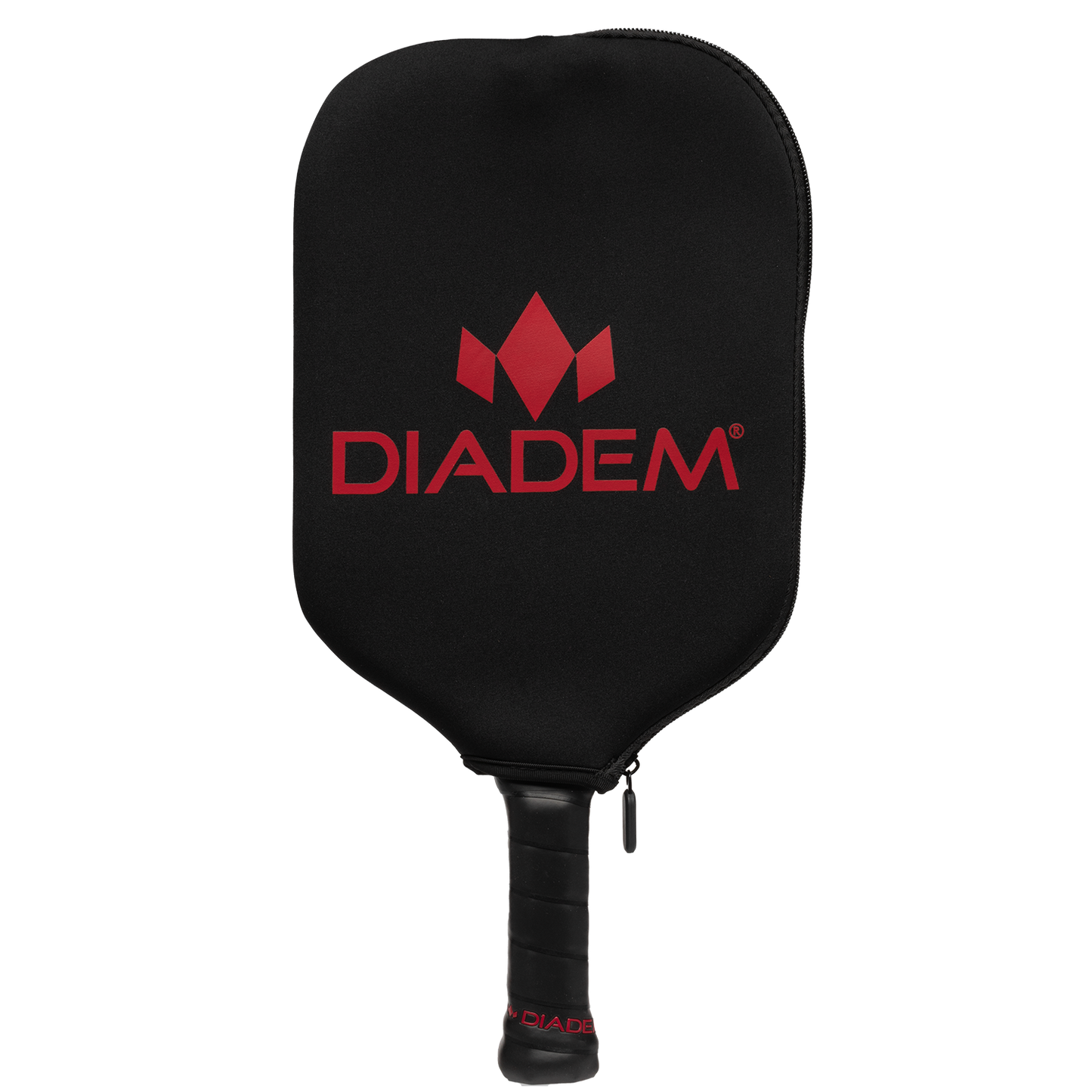 The Diadem Paddle Cover by Diadem Sports is a black neoprene cover with a red logo and text, zippered for a snug fit. It features a black handle with a matching red logo at the base, set against a plain white background.