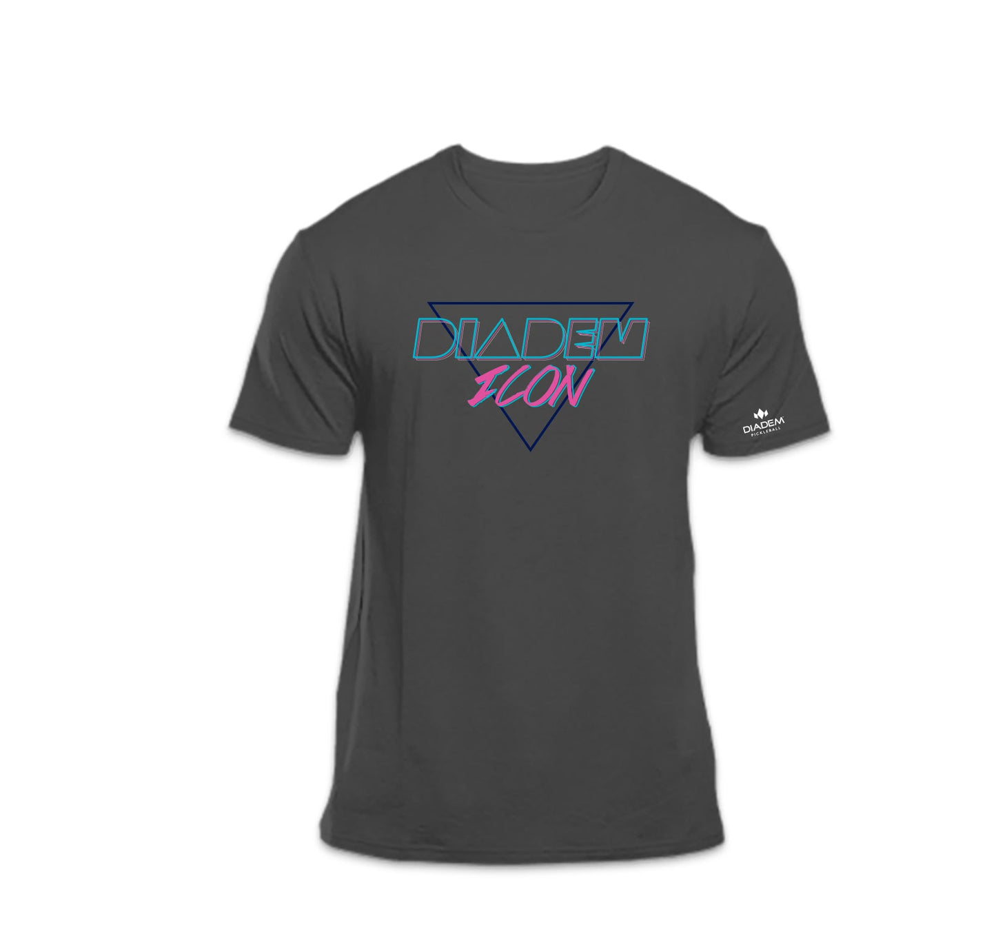 The Diadem Pickleball T-Shirt - Miami Vice by Diadem Sports is a dark gray tee with a retro “DIADEM FLOW” blue and pink graphic over a triangle, plus a white logo with crown and “DIADEM” on the left sleeve.