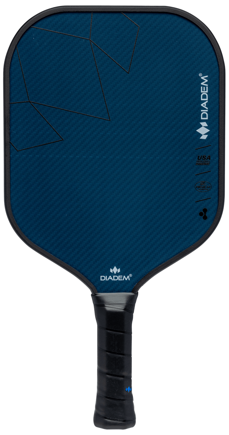 The Diadem ROYAL Warrior BluCore MAX 16MM by Royal Pickleball is a blue paddle featuring abstract line patterns, black edge and grip, and white Diadem branding on the face and neck, showcasing advanced BluCore Technology.