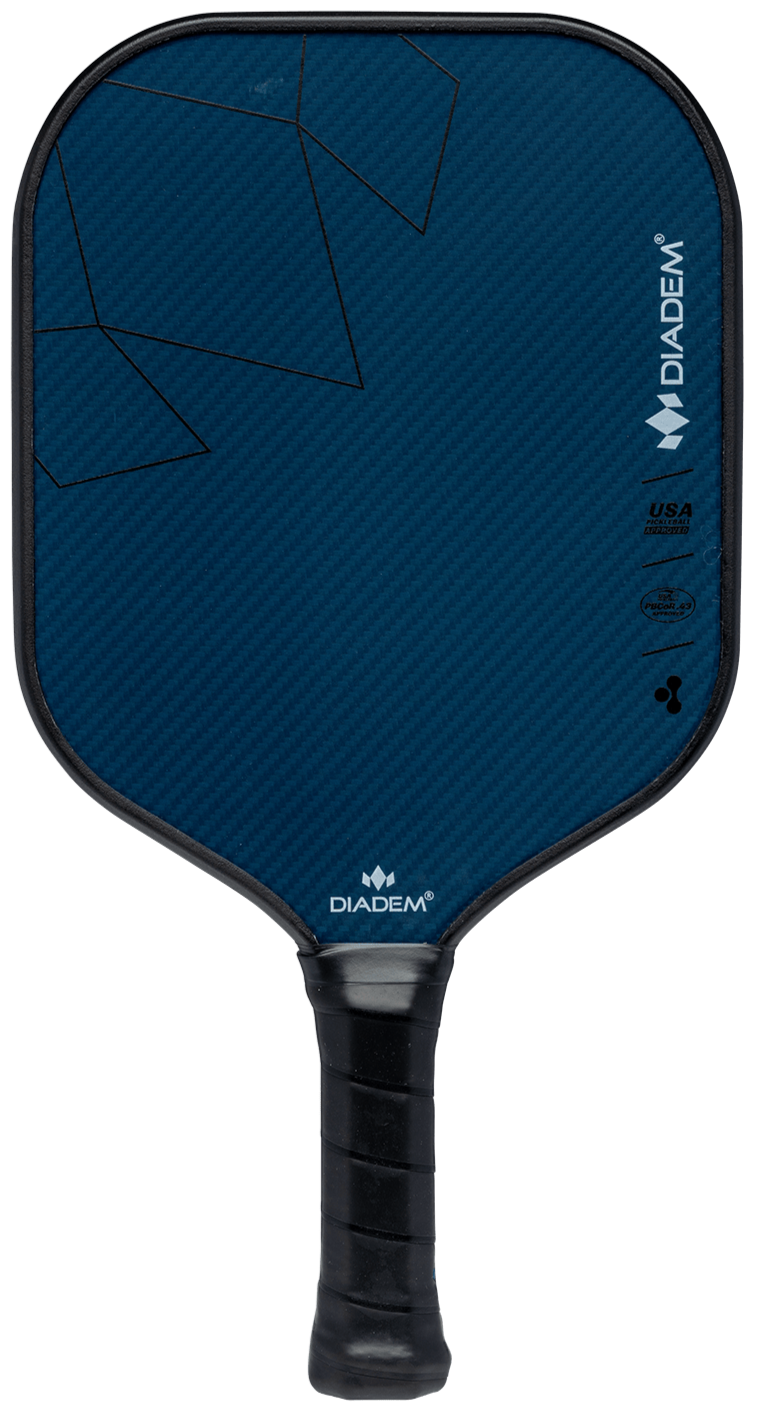 The Royal Pickleball Diadem ROYAL Warrior BluCore MAX 19MM paddle features a blue design with black geometric lines, a black edge guard and grip, BluCore Technology logo, and official certification for top-tier performance.