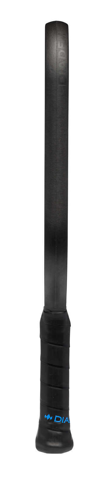 A black Diadem ROYAL Warrior BluCore MAX 19MM pickleball paddle by Royal Pickleball stands upright with a slim frame, black grip tape, and a small blue logo near the base. The background is plain white.