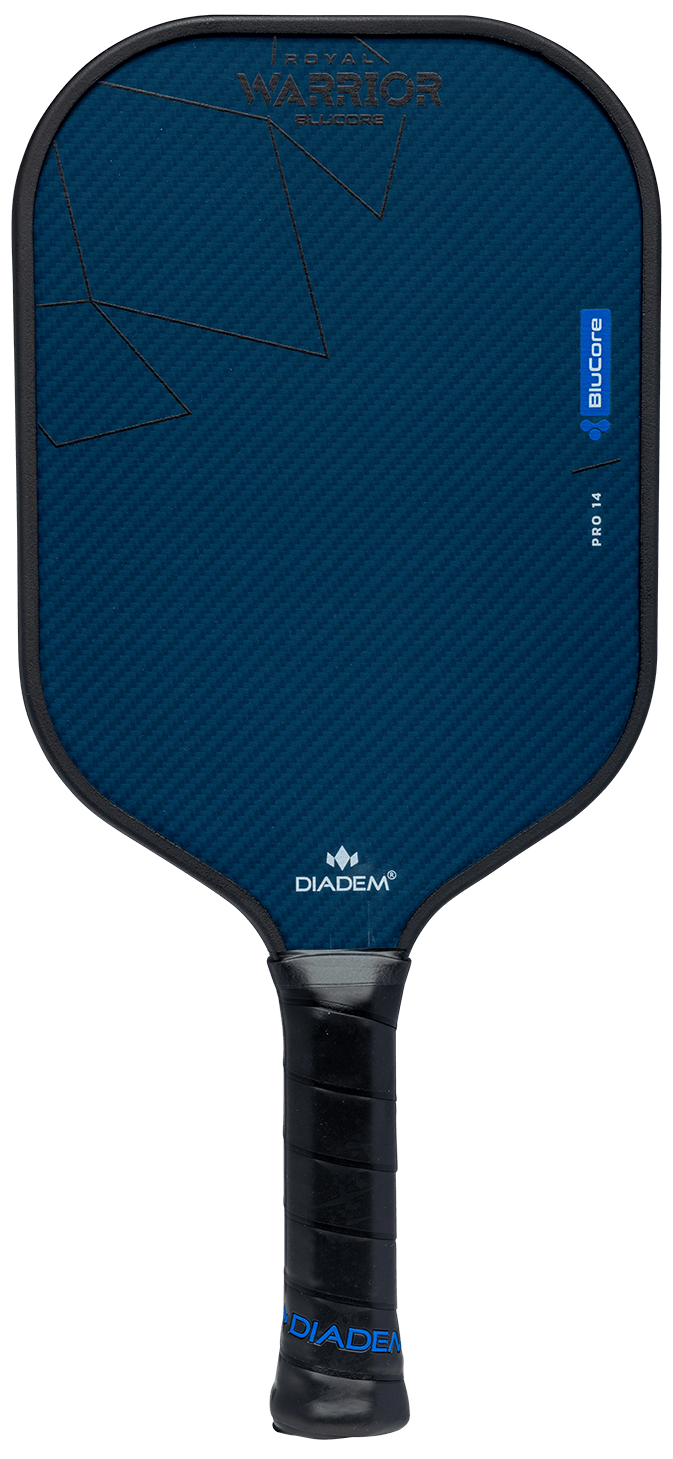 A blue Diadem ROYAL Warrior BluCore PRO 14MM pickleball paddle by Royal Pickleball features a Kevlar Carbon Fiber Matrix, black edge, geometric lines, "WARRIOR EDGE" at the top, black DIADEM grip tape, and a small blue “ELECTRA” label. Plain white background.